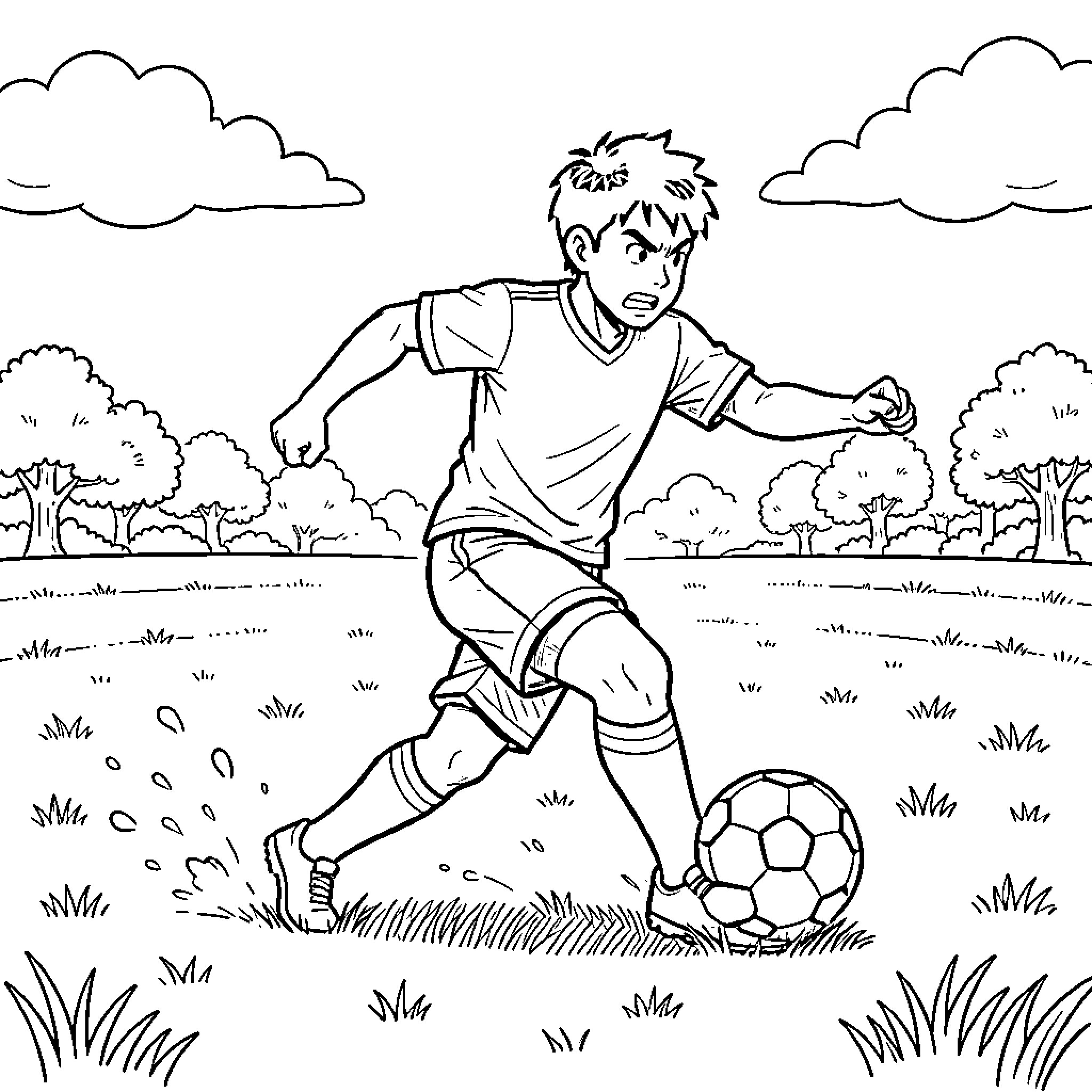 Sangoku playing soccer with a focused expression Coloring Page (free black-and-white line drawing printable PDF for all, from beginners to advanced learners, including children, teens, adults, and seniors)