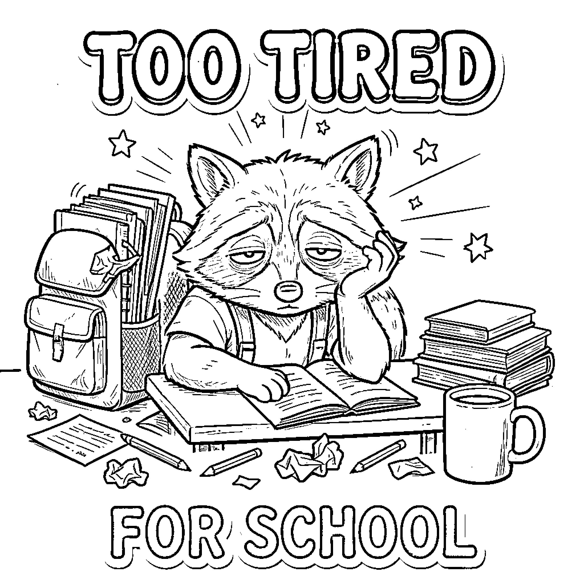 Raccoon looking exhausted while studying at a desk Coloring Page (free black-and-white line drawing printable PDF for all, from beginners to advanced learners, including children, teens, adults, and seniors)
