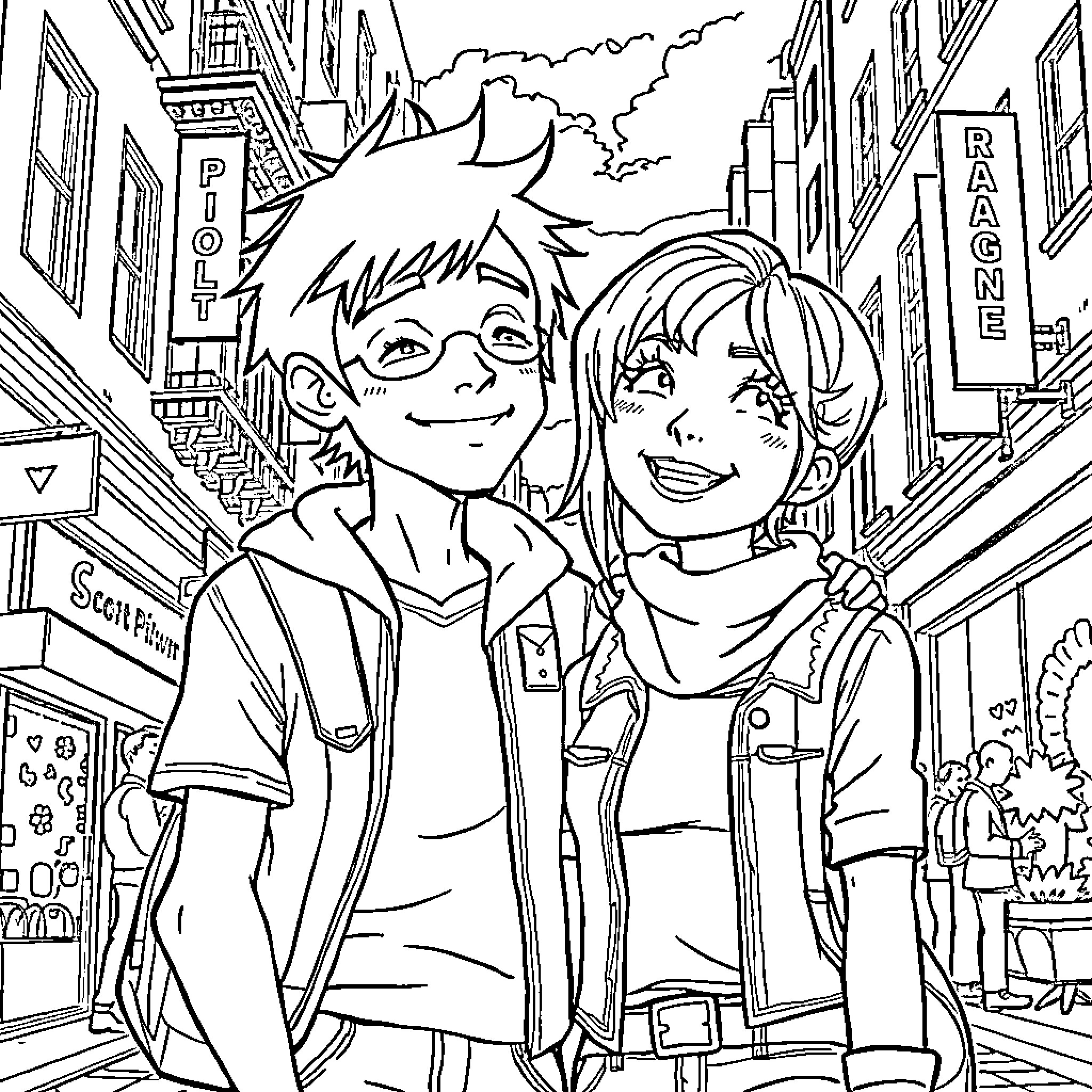 Scott Pilgrim and friend explore the city Coloring Page (free black-and-white line drawing printable PDF for all, from beginners to advanced learners, including children, teens, adults, and seniors)