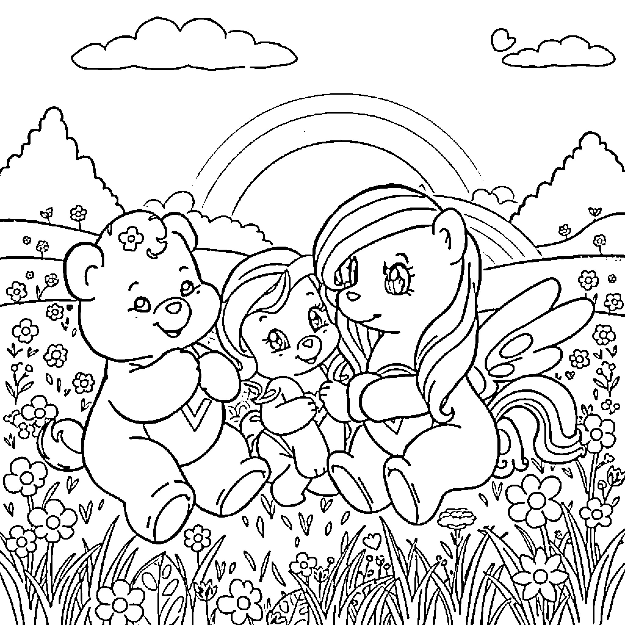 Care Bears enjoying a sunny day in nature Coloring Page (free black-and-white line drawing printable PDF for all, from beginners to advanced learners, including children, teens, adults, and seniors)