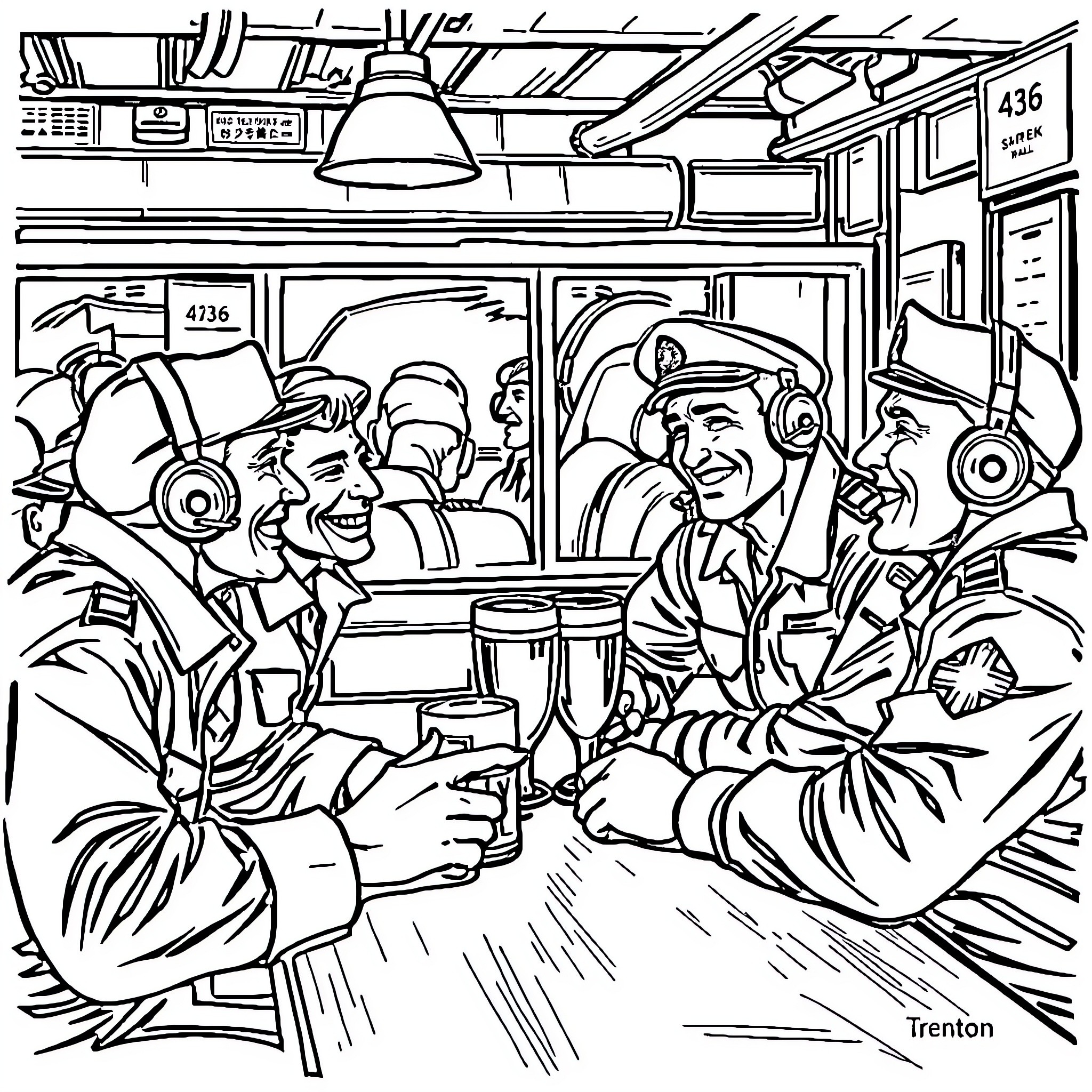 Pilot Crew Relaxing After Successful Flight Coloring Page (free black-and-white line drawing printable PDF for all, from beginners to advanced learners, including children, teens, adults, and seniors)