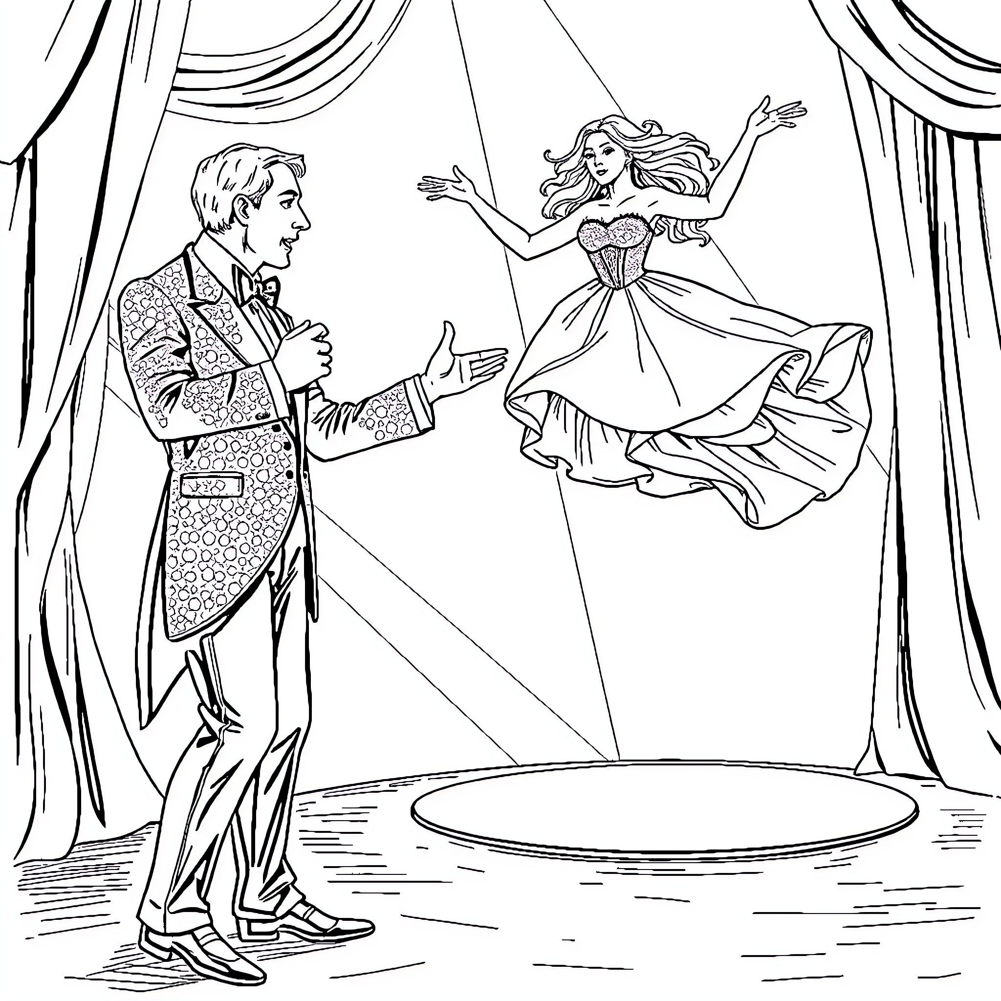 Magician's Illusion: Levitating Performer on Stage Coloring Page (free black-and-white line drawing printable PDF for all, from beginners to advanced learners, including children, teens, adults, and seniors)