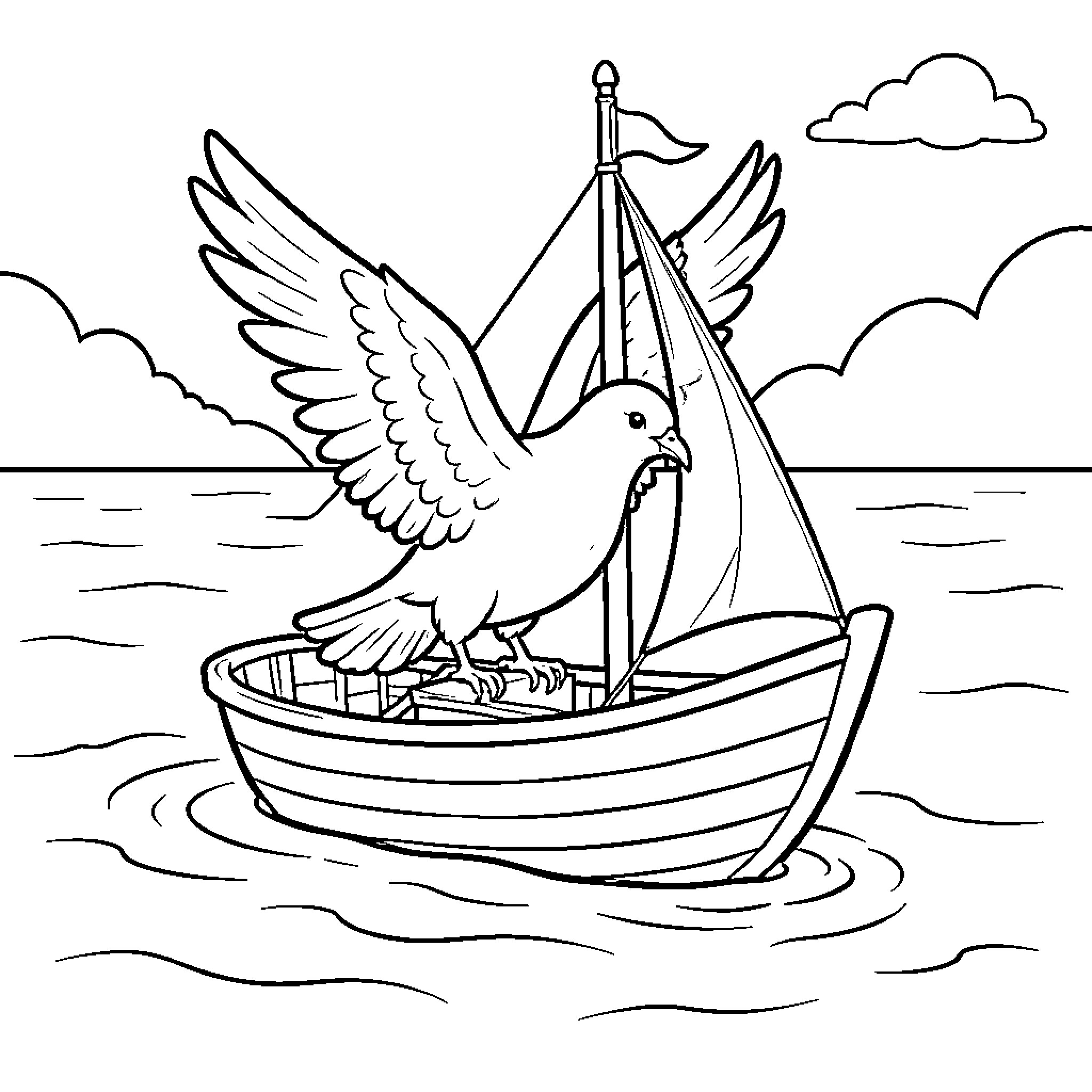 Colombe standing proudly on a small sailing boat Coloring Page (free black-and-white line drawing printable PDF for all, from beginners to advanced learners, including children, teens, adults, and seniors)