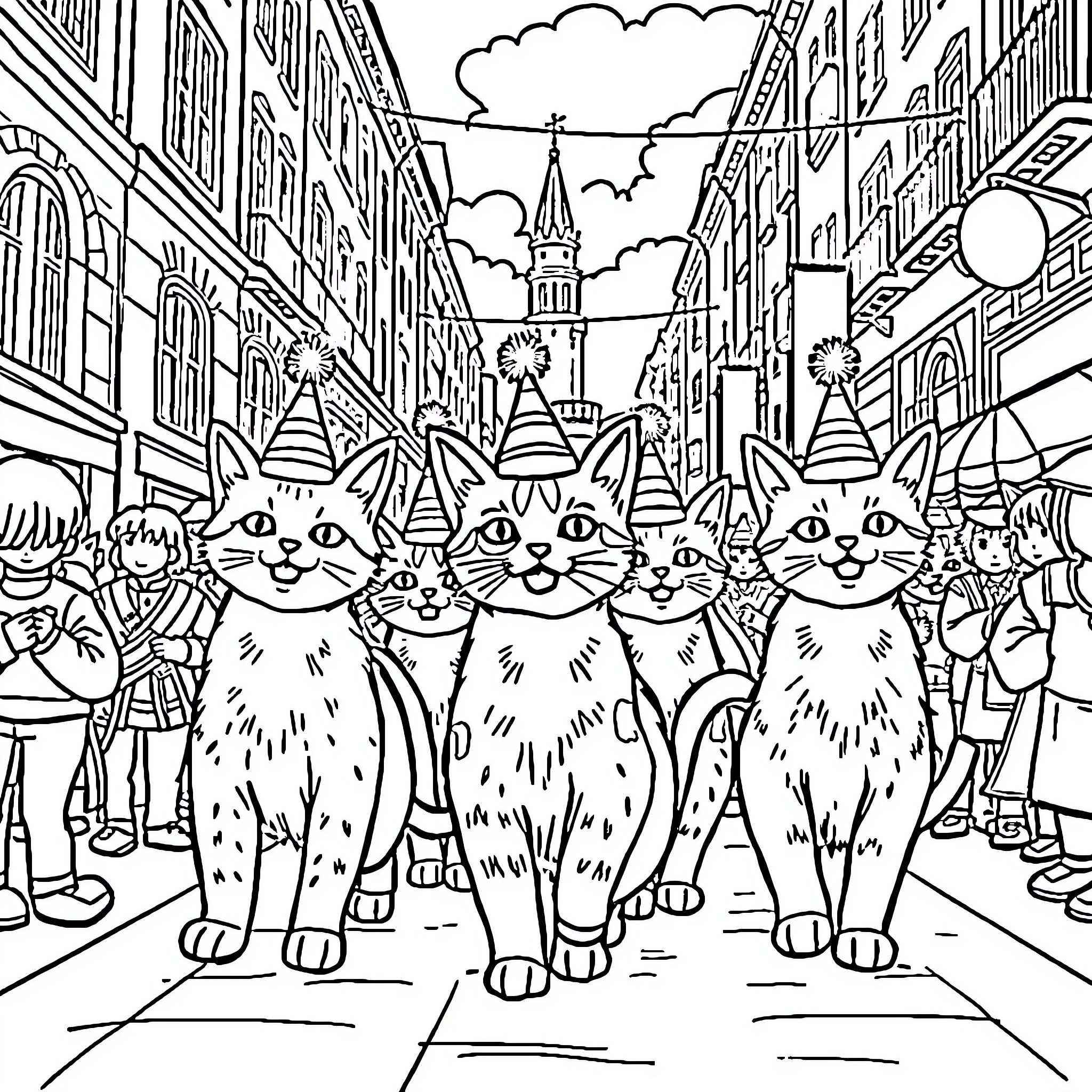 Cat parade on the city streets Coloring Page (free black-and-white line drawing printable PDF for all, from beginners to advanced learners, including children, teens, adults, and seniors)