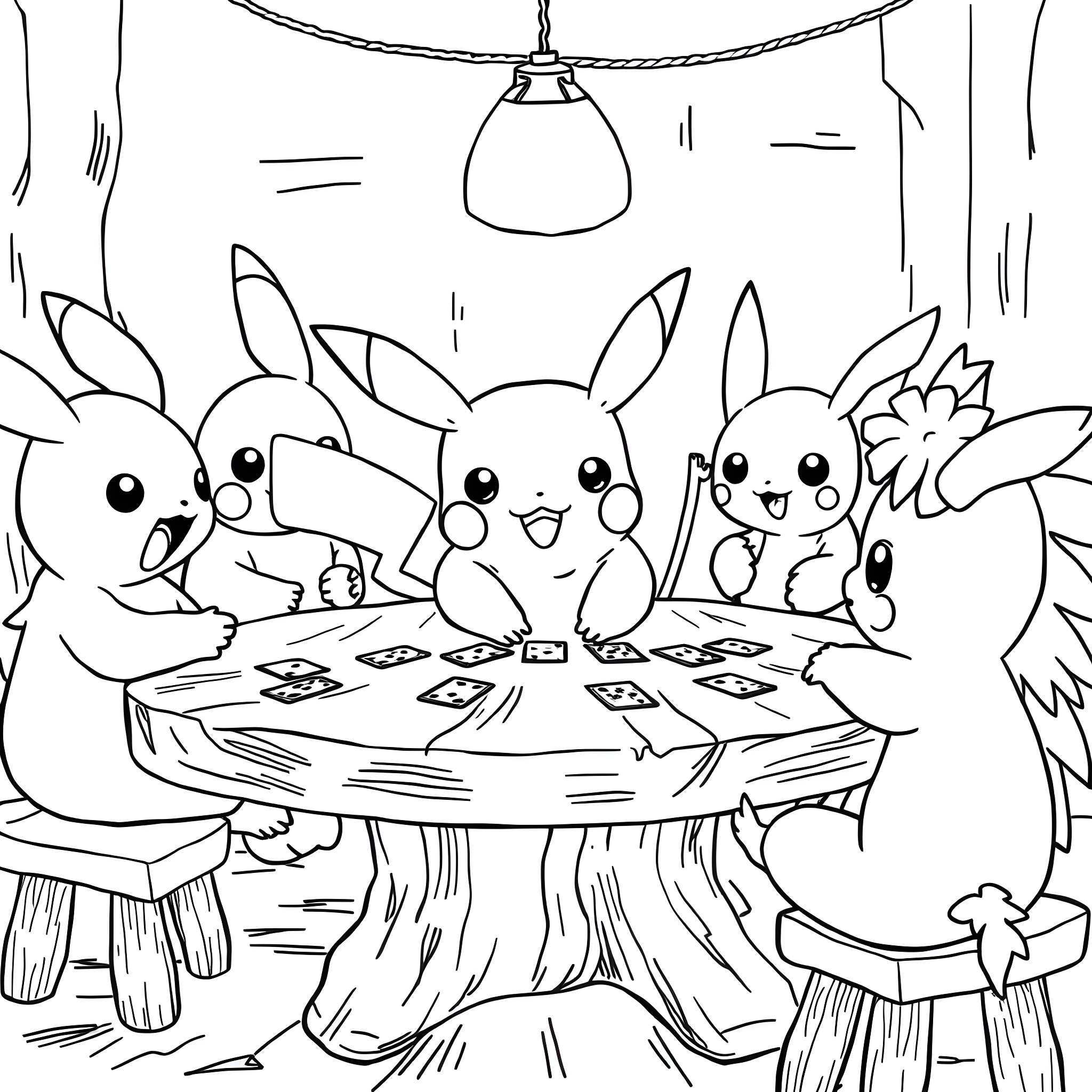 Pikachu and friends playing games together Coloring Page (free black-and-white line drawing printable PDF for all, from beginners to advanced learners, including children, teens, adults, and seniors)