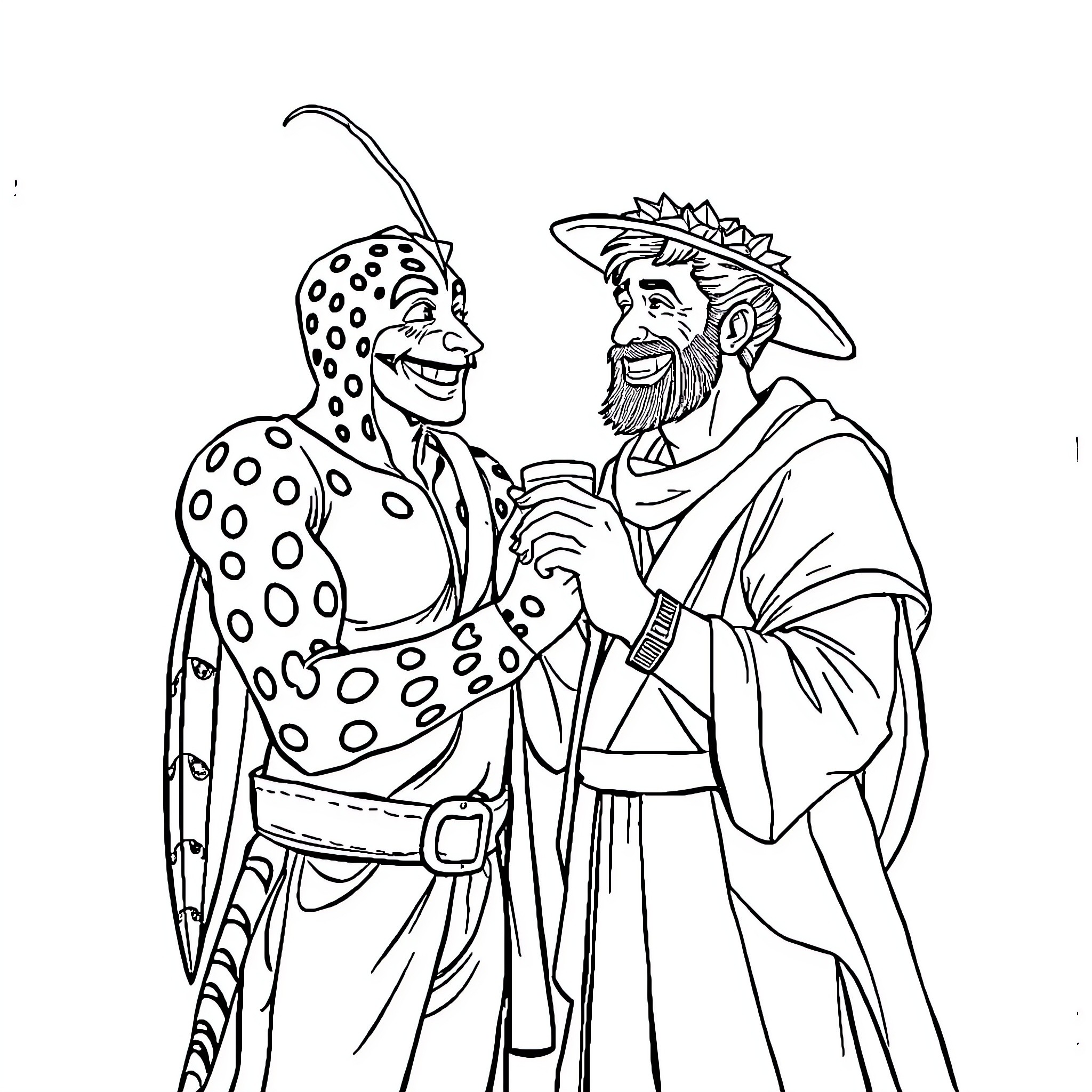 Hombre Araña and friend in festive outfits Coloring Page (free black-and-white line drawing printable PDF for all, from beginners to advanced learners, including children, teens, adults, and seniors)