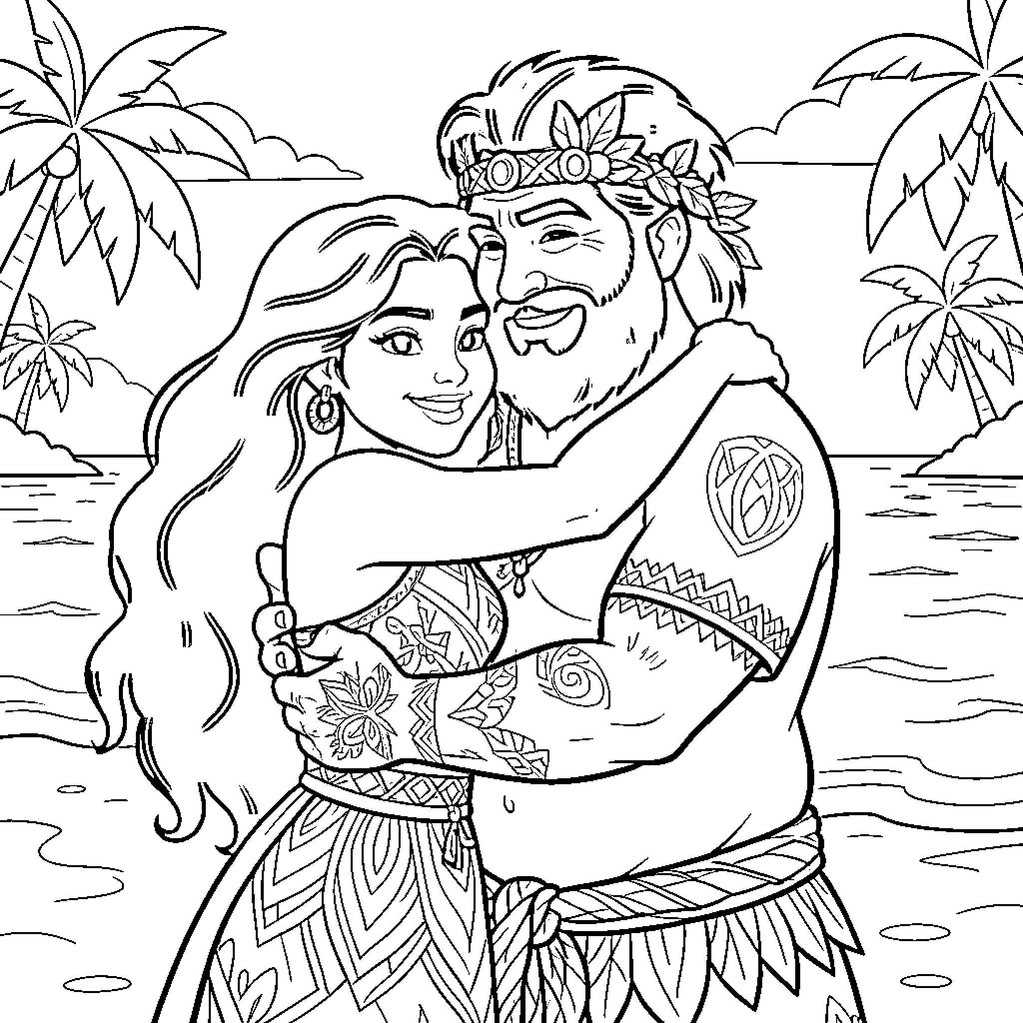 Vaiana hugging Maui joyfully on a tropical beach Coloring Page (free black-and-white line drawing printable PDF for all, from beginners to advanced learners, including children, teens, adults, and seniors)