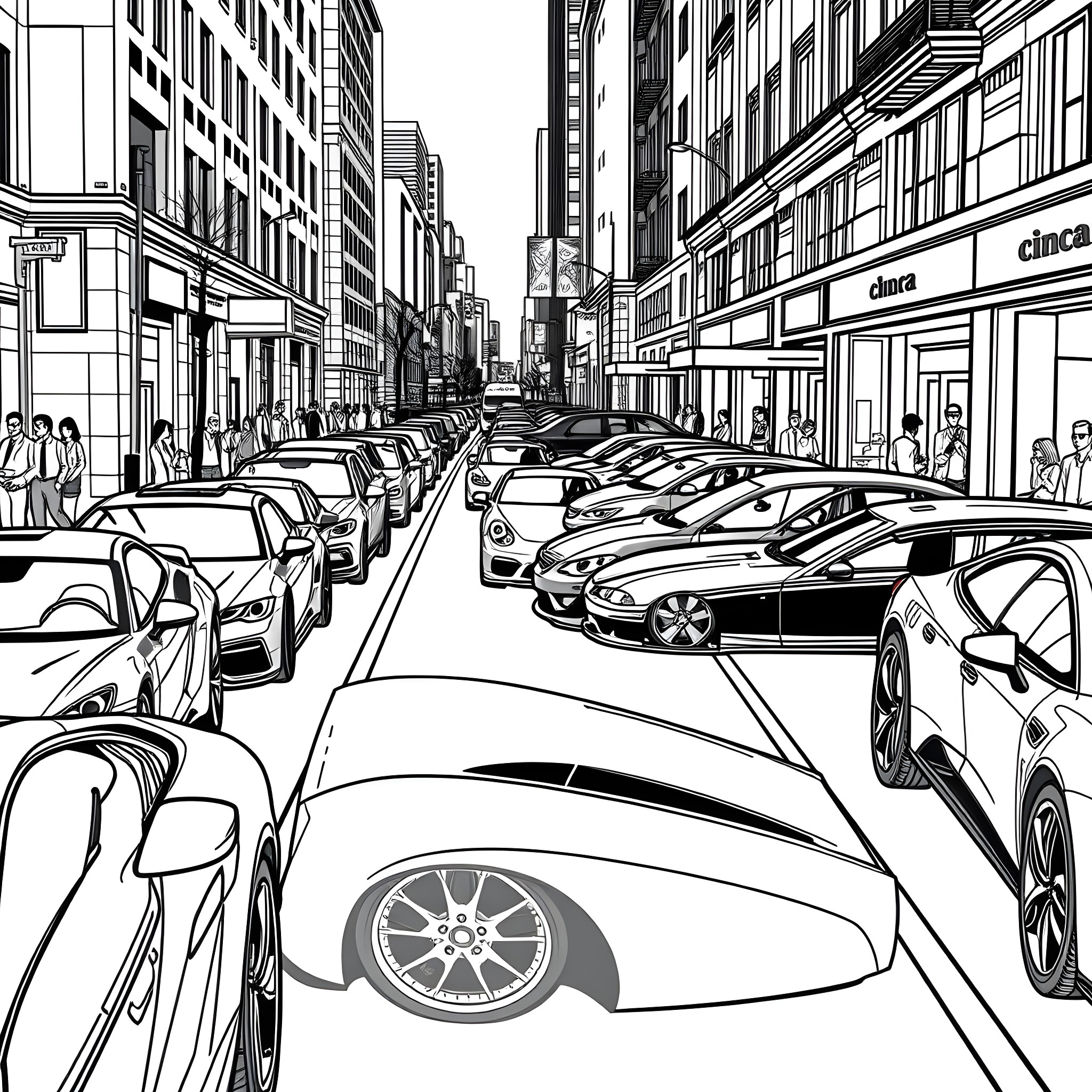 Cars and people in bustling city streets Coloring Page (free black-and-white line drawing printable PDF for all, from beginners to advanced learners, including children, teens, adults, and seniors)