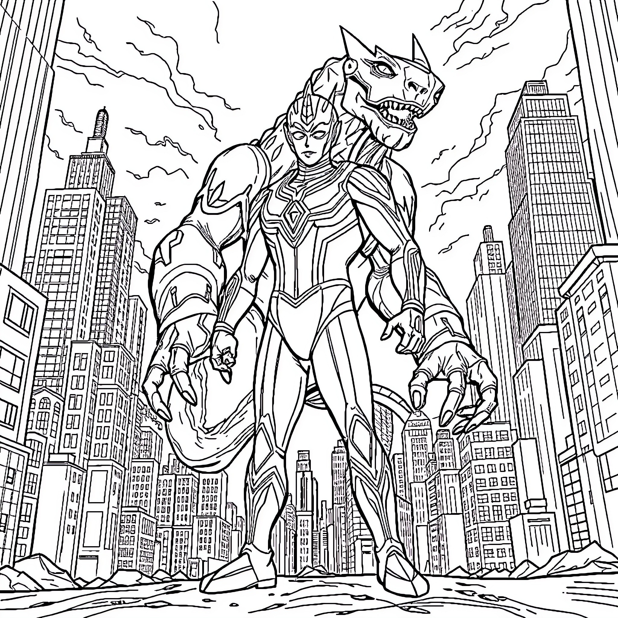 Ultraman Defending the City with Intense Power Coloring Page (free black-and-white line drawing printable PDF for all, from beginners to advanced learners, including children, teens, adults, and seniors)