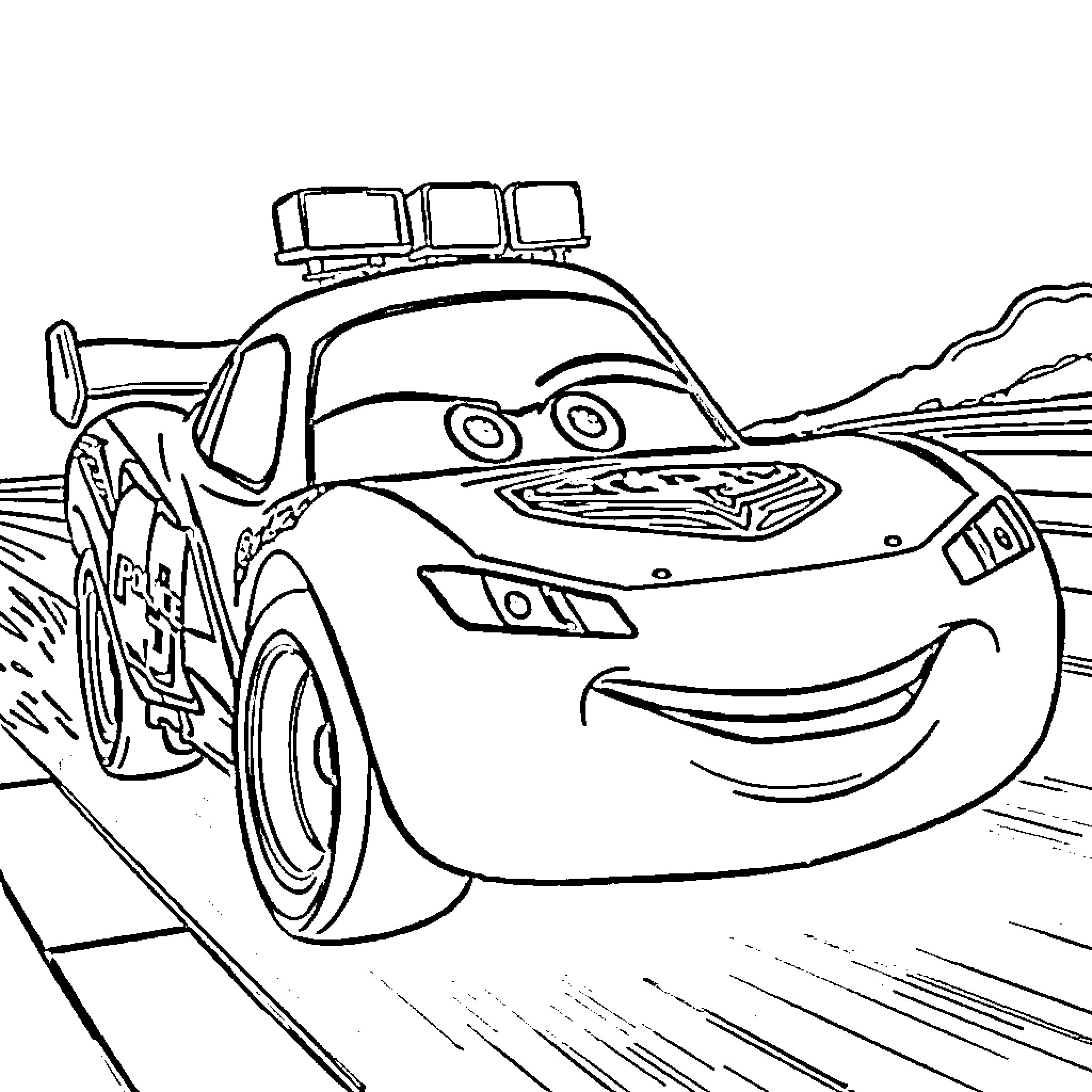 Lightning McQueen racing on the track Coloring Page (free black-and-white line drawing printable PDF for all, from beginners to advanced learners, including children, teens, adults, and seniors)
