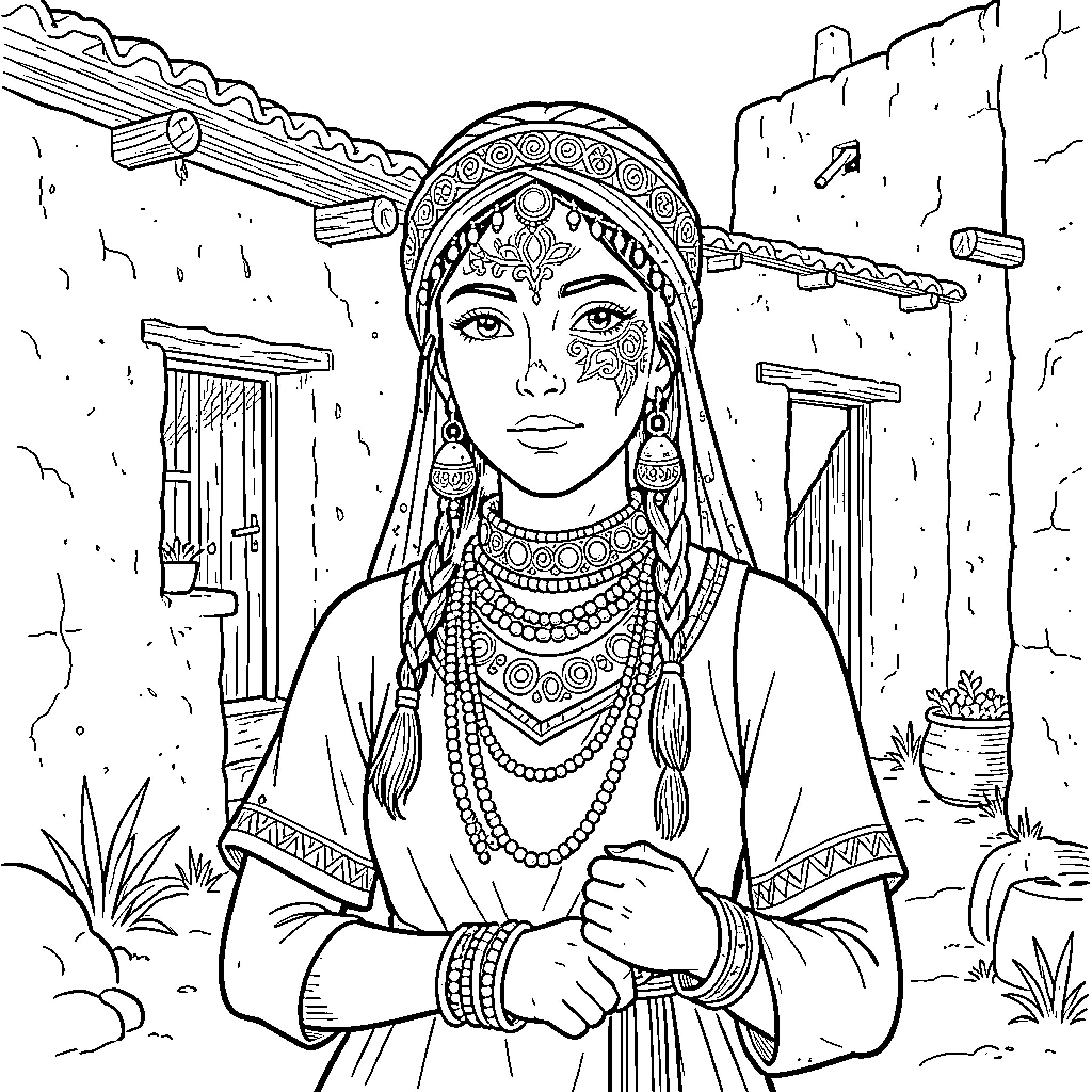 Femme in traditional attire standing in a village Coloring Page (free black-and-white line drawing printable PDF for all, from beginners to advanced learners, including children, teens, adults, and seniors)