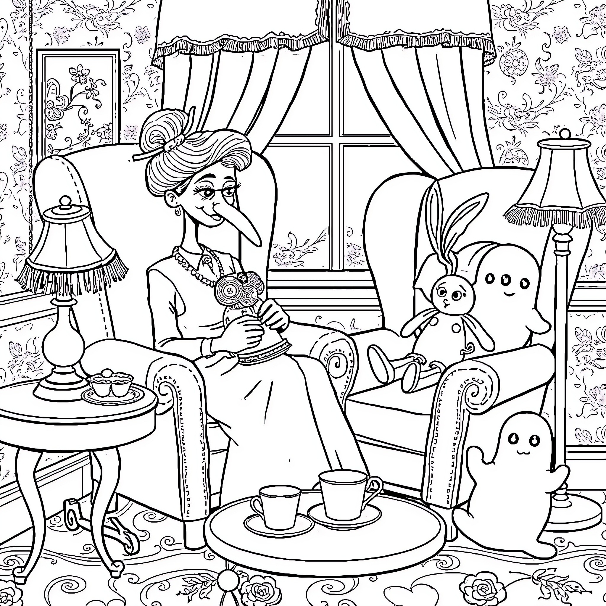 Doll lady enjoying tea with whimsical companions Coloring Page (free black-and-white line drawing printable PDF for all, from beginners to advanced learners, including children, teens, adults, and seniors)
