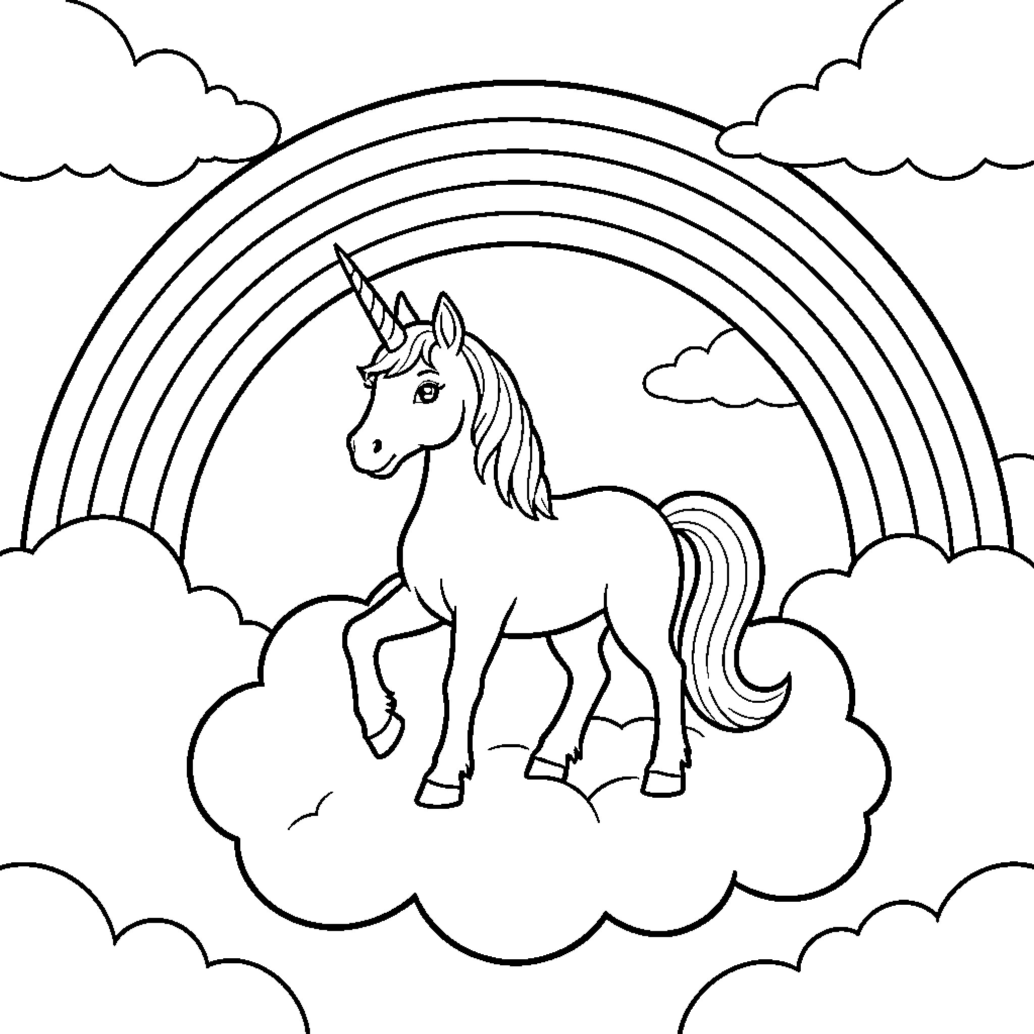 Unicorn standing on clouds beneath a rainbow Coloring Page (free black-and-white line drawing printable PDF for all, from beginners to advanced learners, including children, teens, adults, and seniors)
