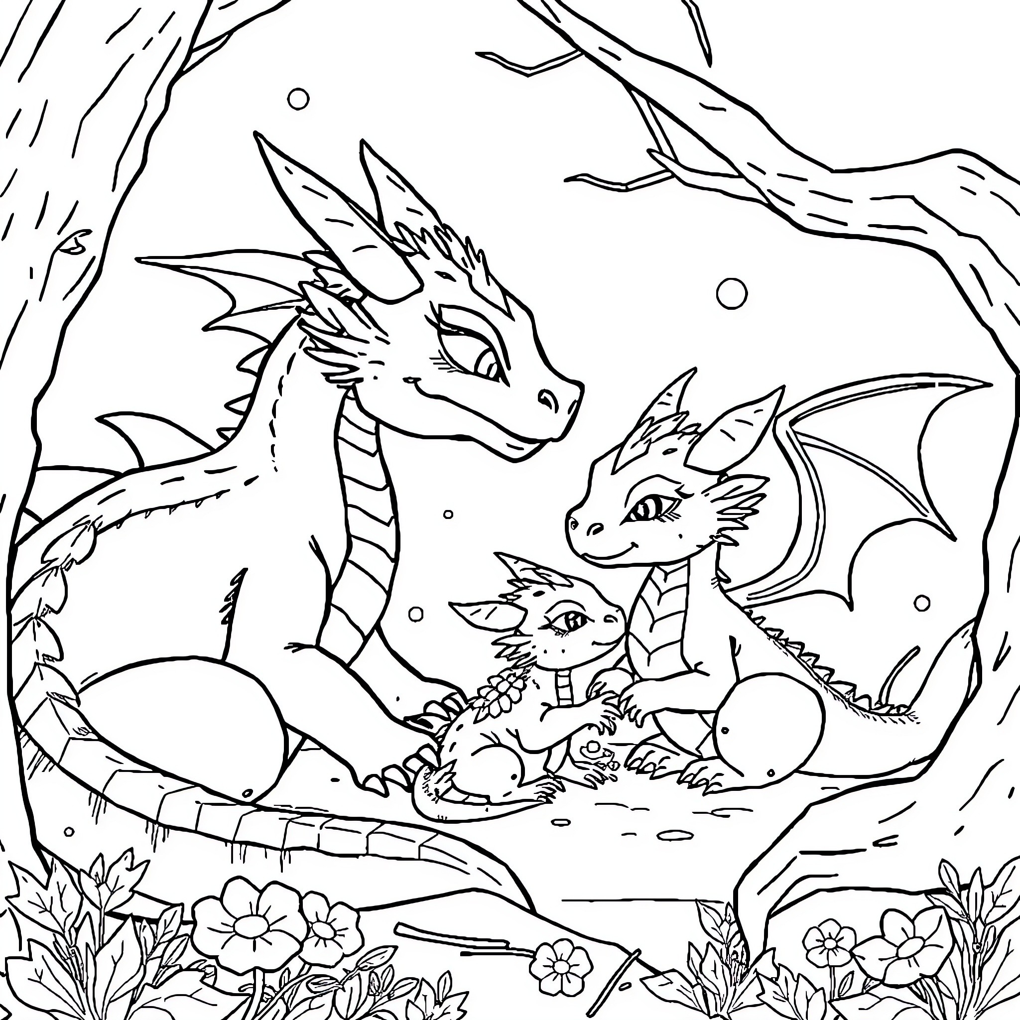 Dragon family's cozy winter scene Coloring Page (free black-and-white line drawing printable PDF for all, from beginners to advanced learners, including children, teens, adults, and seniors)