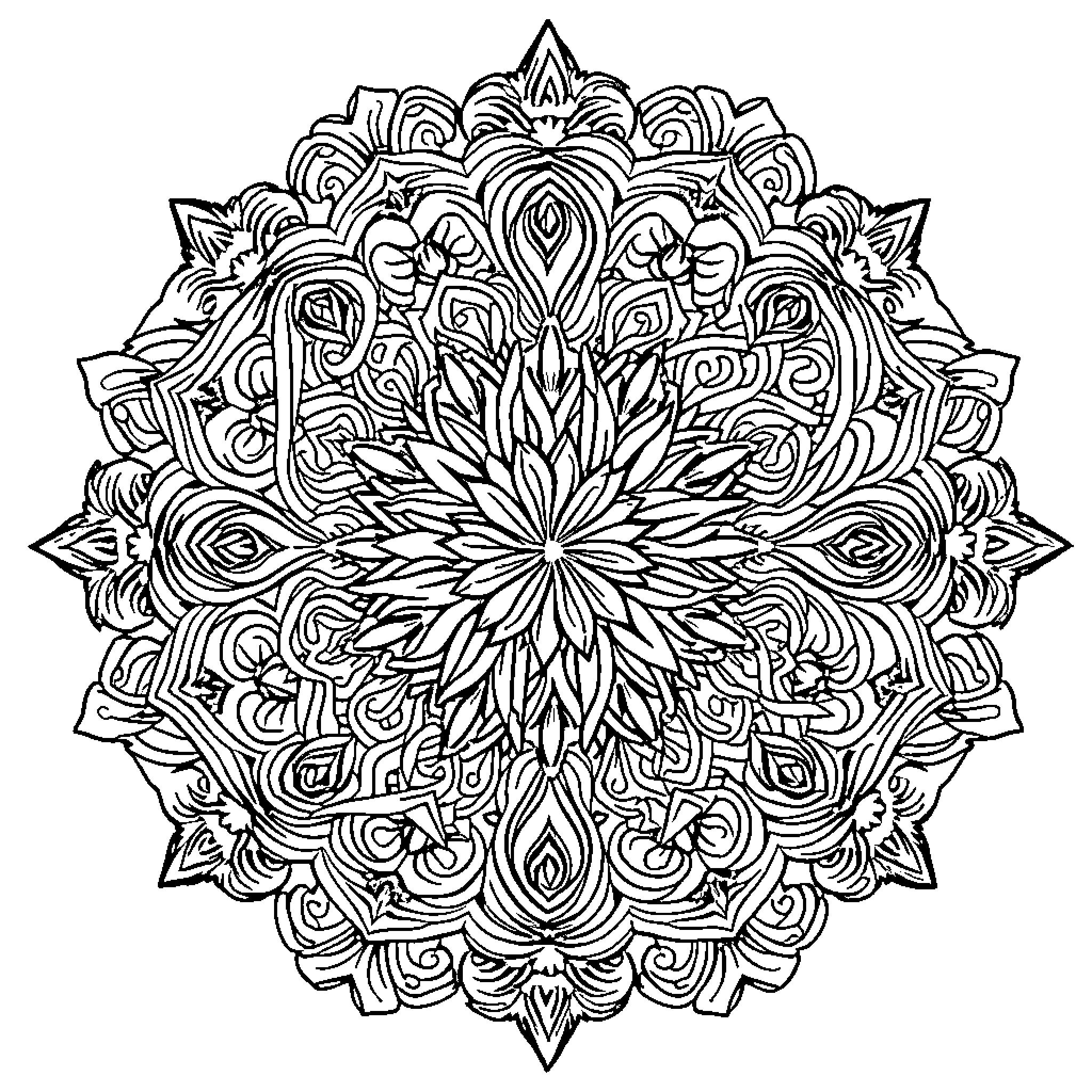 Mandala featuring intricate floral patterns Coloring Page (free black-and-white line drawing printable PDF for all, from beginners to advanced learners, including children, teens, adults, and seniors)