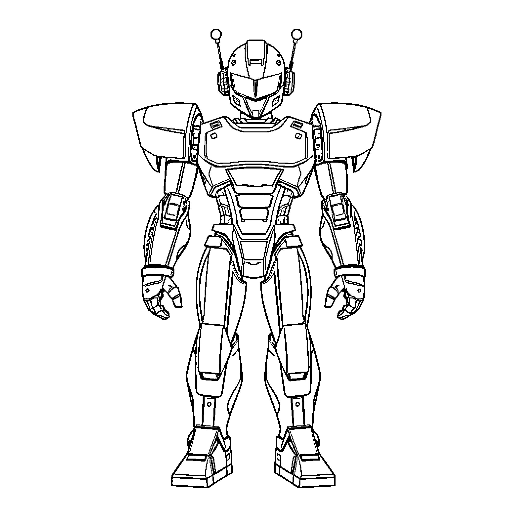 Robot Warrior in Futuristic Armor Coloring Page (free black-and-white line drawing printable PDF for all, from beginners to advanced learners, including children, teens, adults, and seniors)