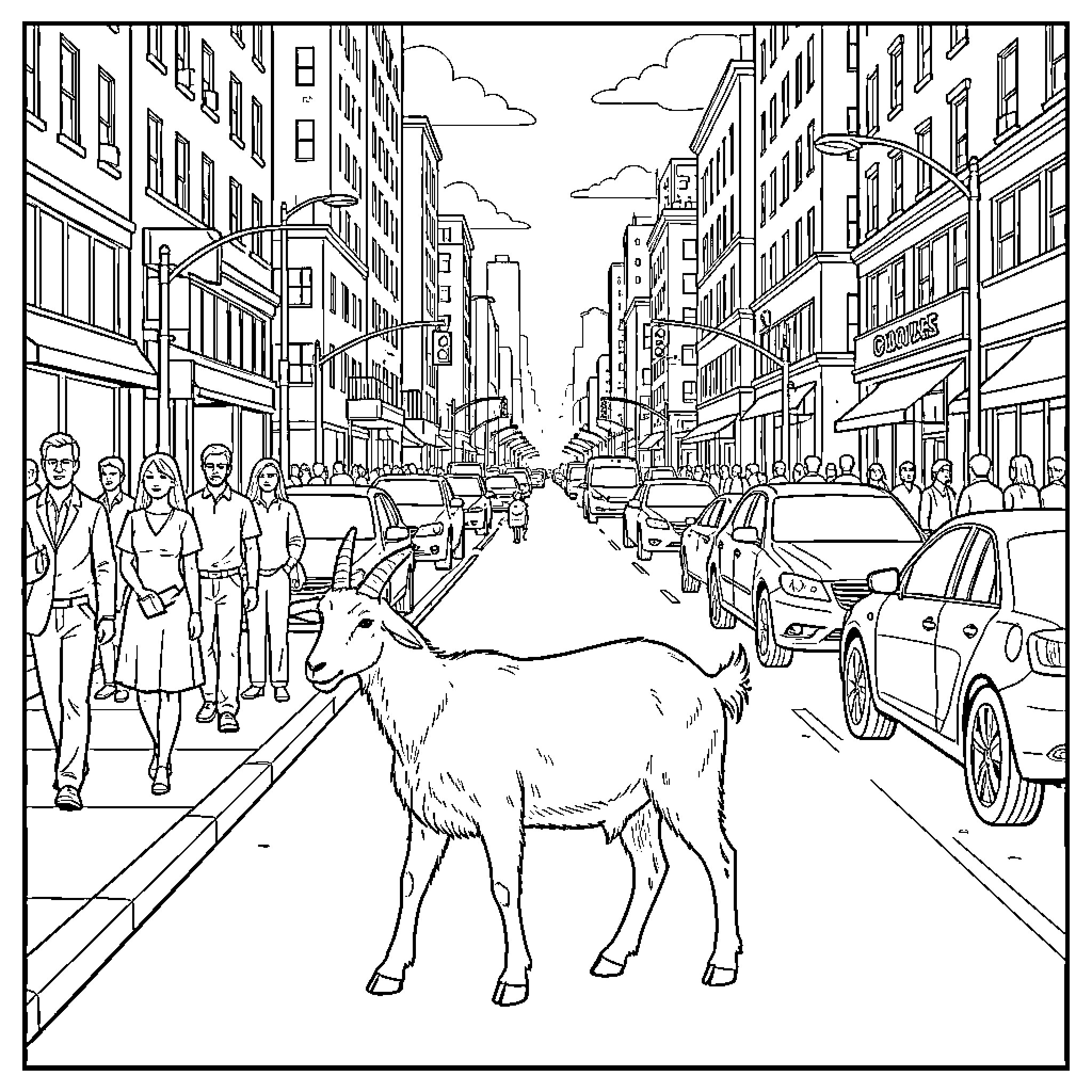 Goat standing on a busy city street Coloring Page (free black-and-white line drawing printable PDF for all, from beginners to advanced learners, including children, teens, adults, and seniors)
