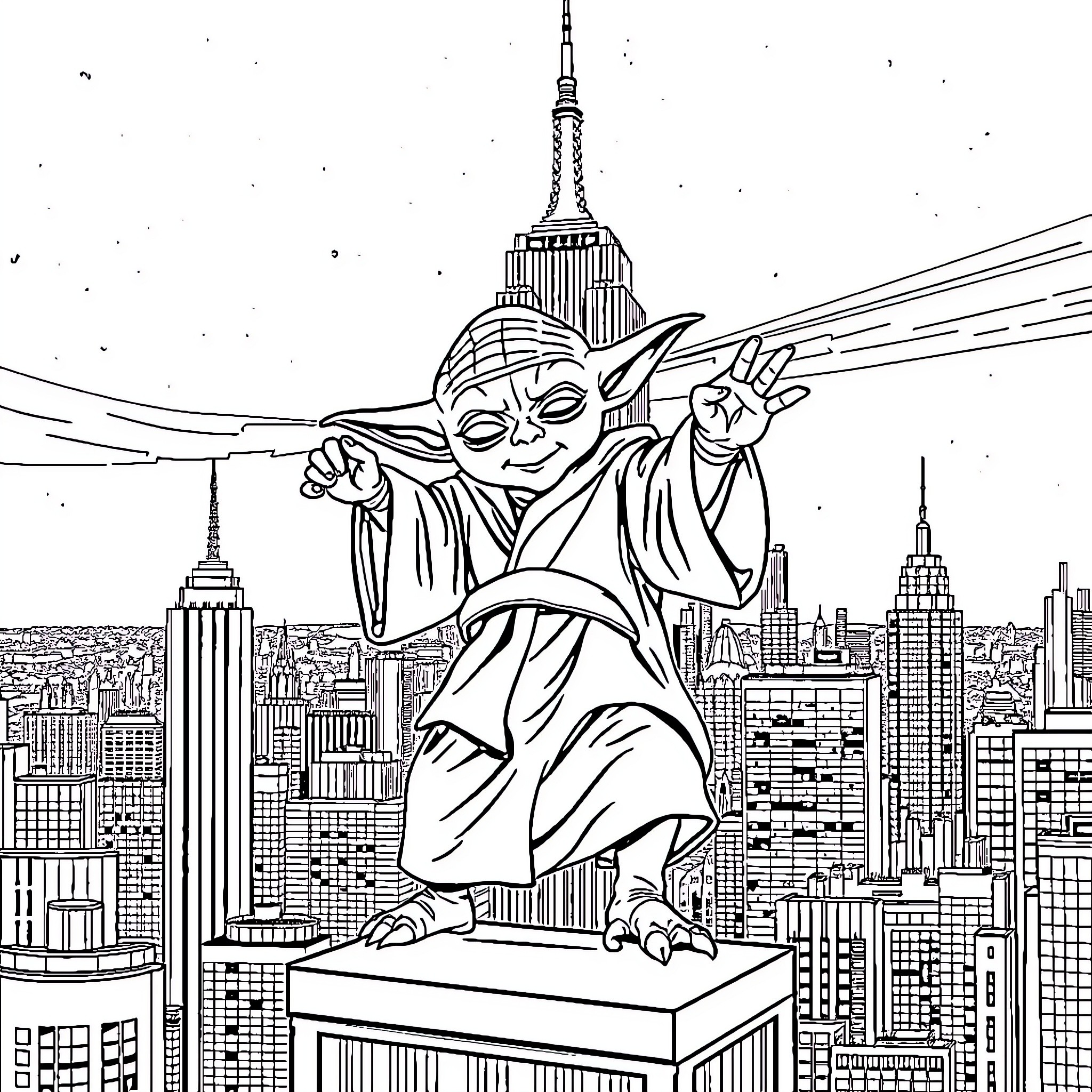 Yoda wielding lightsabers atop NYC skyline Coloring Page (free black-and-white line drawing printable PDF for all, from beginners to advanced learners, including children, teens, adults, and seniors)