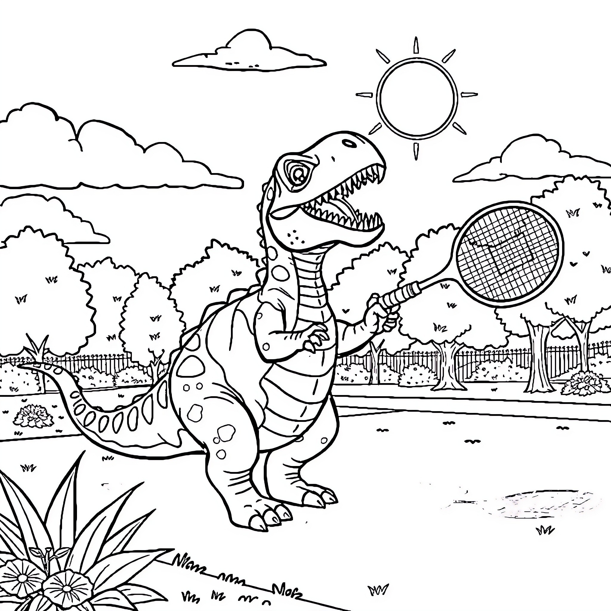 Dinosaur playing tennis in the park Coloring Page (free black-and-white line drawing printable PDF for all, from beginners to advanced learners, including children, teens, adults, and seniors)
