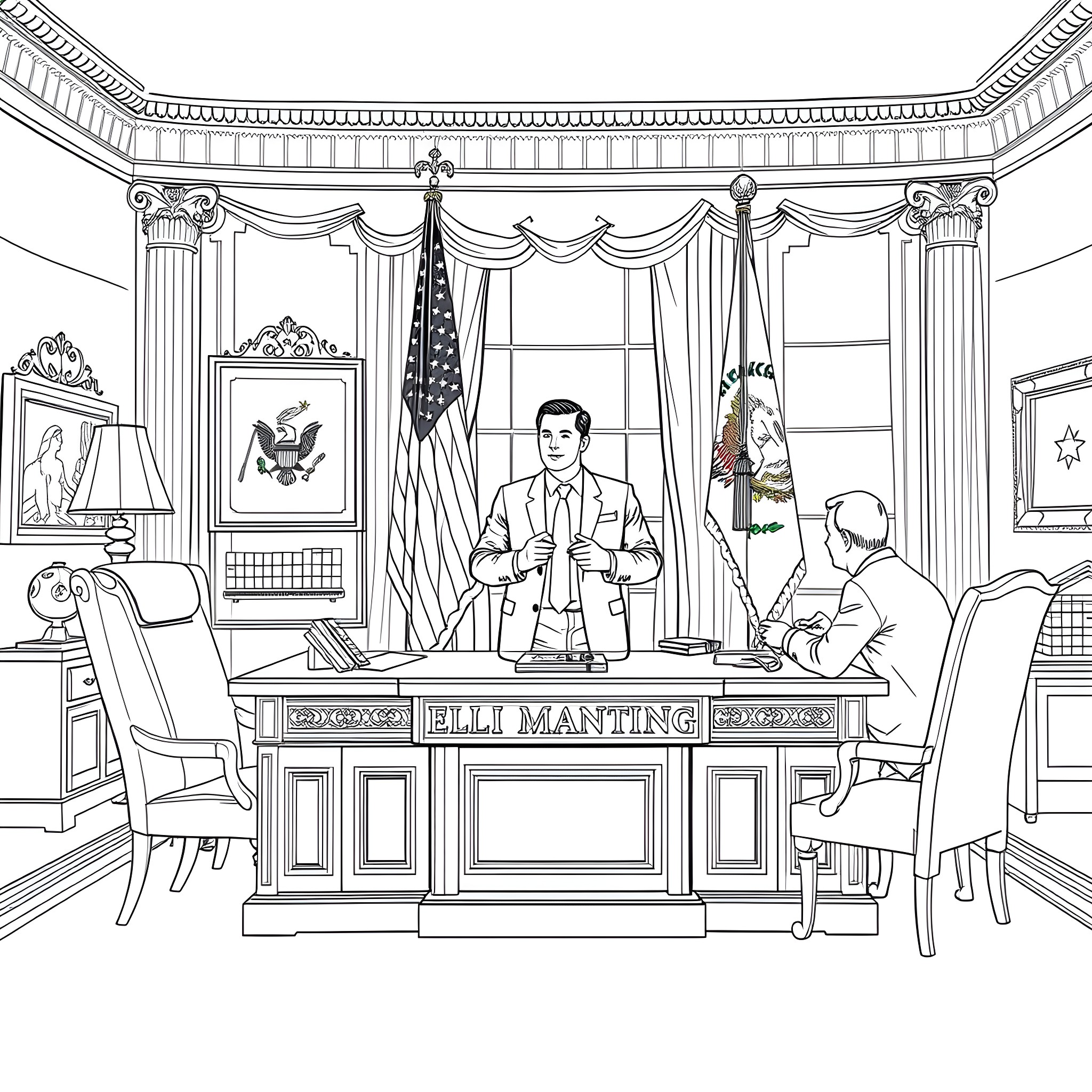 Eli Manning in the Oval Office with advisors Coloring Page (free black-and-white line drawing printable PDF for all, from beginners to advanced learners, including children, teens, adults, and seniors)
