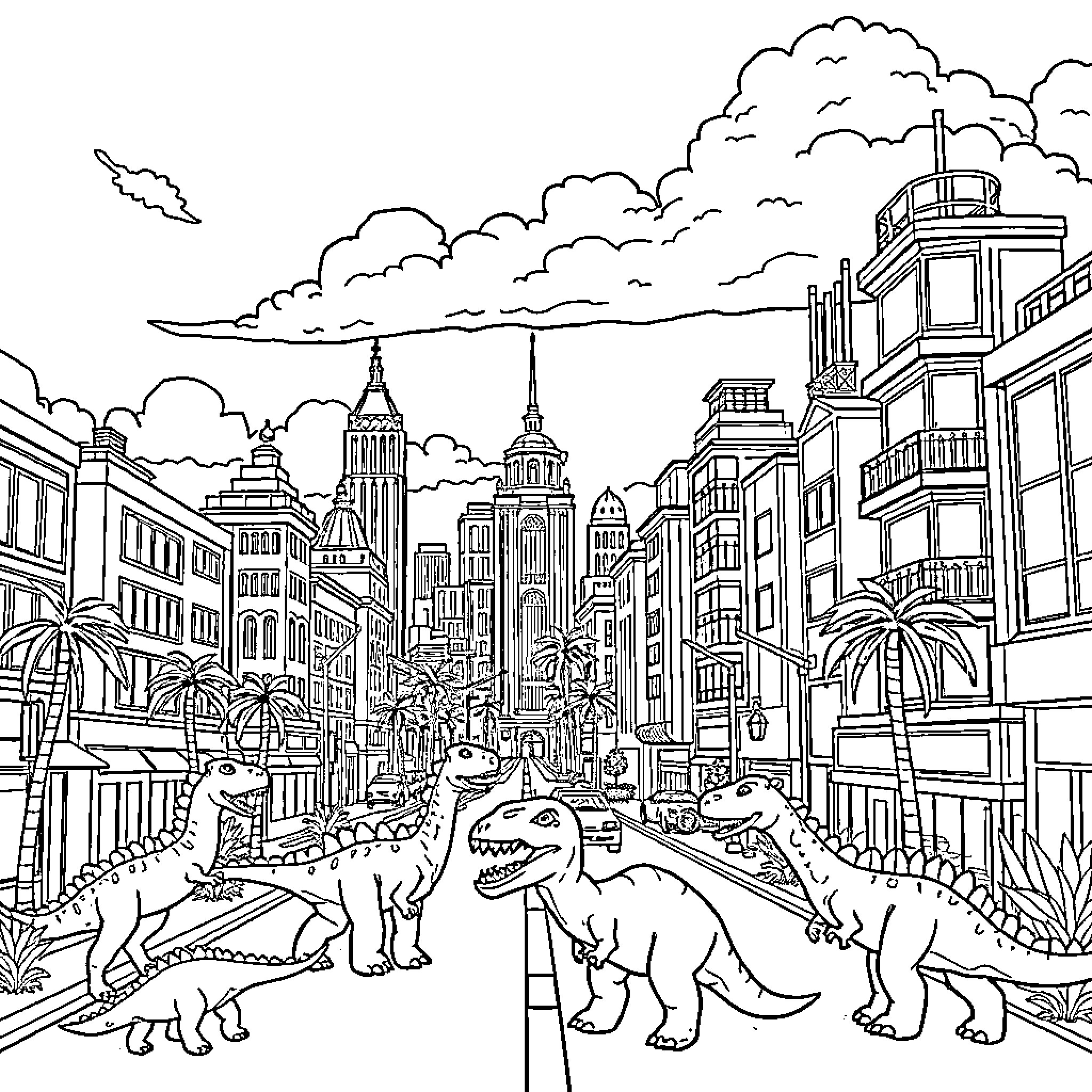 Roblox dinosaurs exploring the city skyline Coloring Page (free black-and-white line drawing printable PDF for all, from beginners to advanced learners, including children, teens, adults, and seniors)
