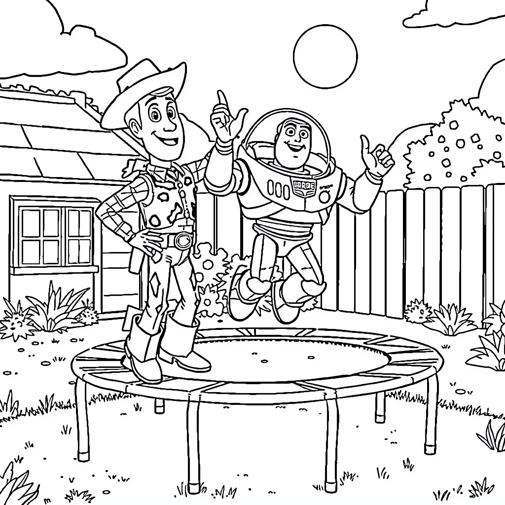 Woody and Buzz Jumping on Trampoline Outdoors Coloring Page (free black-and-white line drawing printable PDF for all, from beginners to advanced learners, including children, teens, adults, and seniors)
