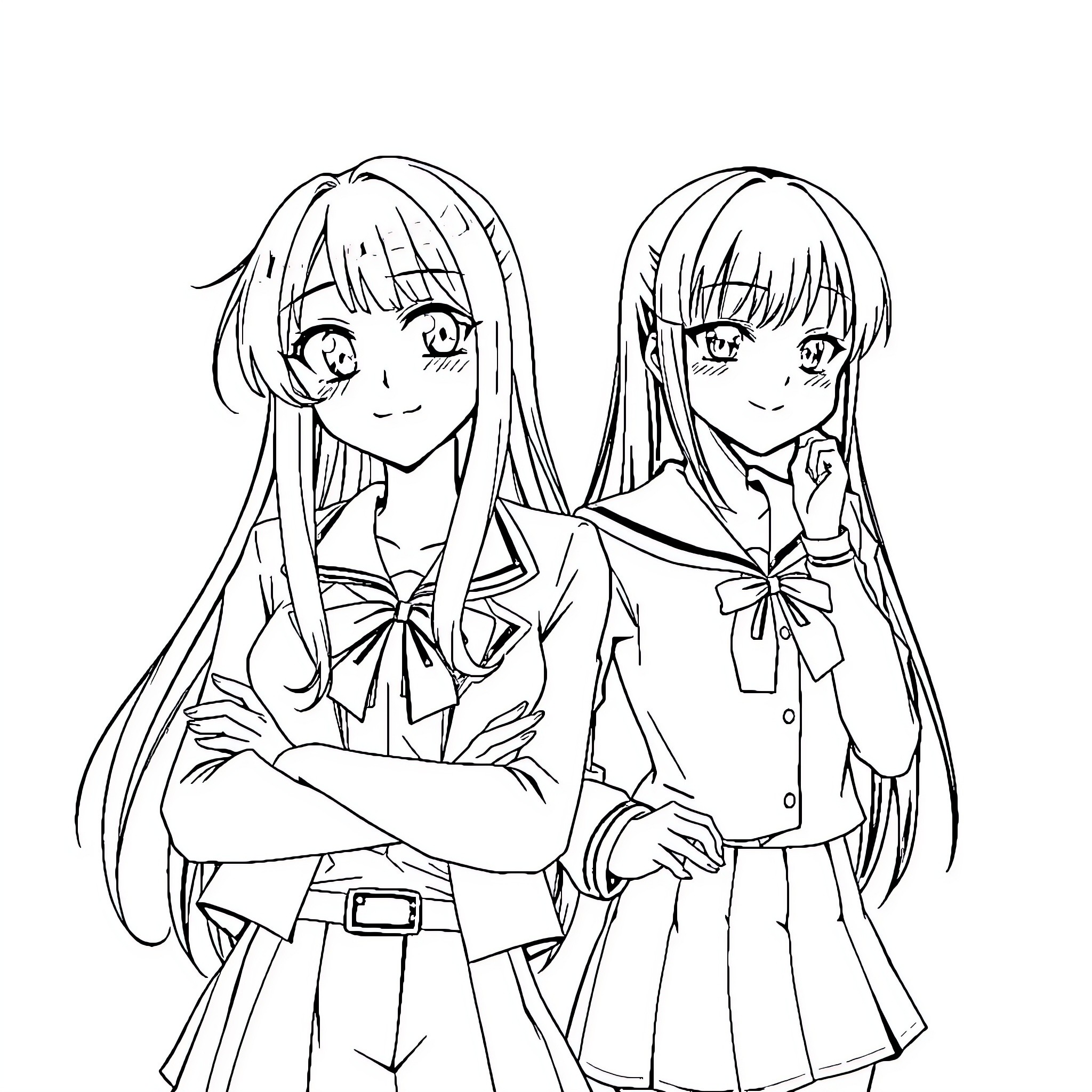 Rias Gremory and her friend in school uniforms Coloring Page (free black-and-white line drawing printable PDF for all, from beginners to advanced learners, including children, teens, adults, and seniors)