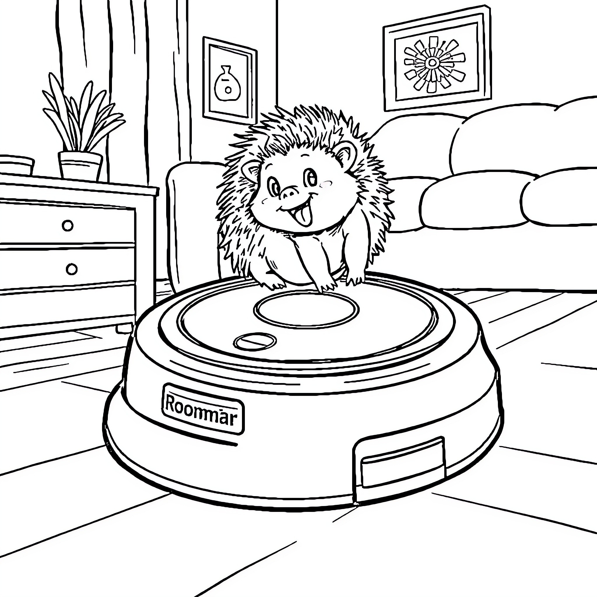 Hedgehog enjoying ride on Roomba vacuum cleaner Coloring Page (free black-and-white line drawing printable PDF for all, from beginners to advanced learners, including children, teens, adults, and seniors)