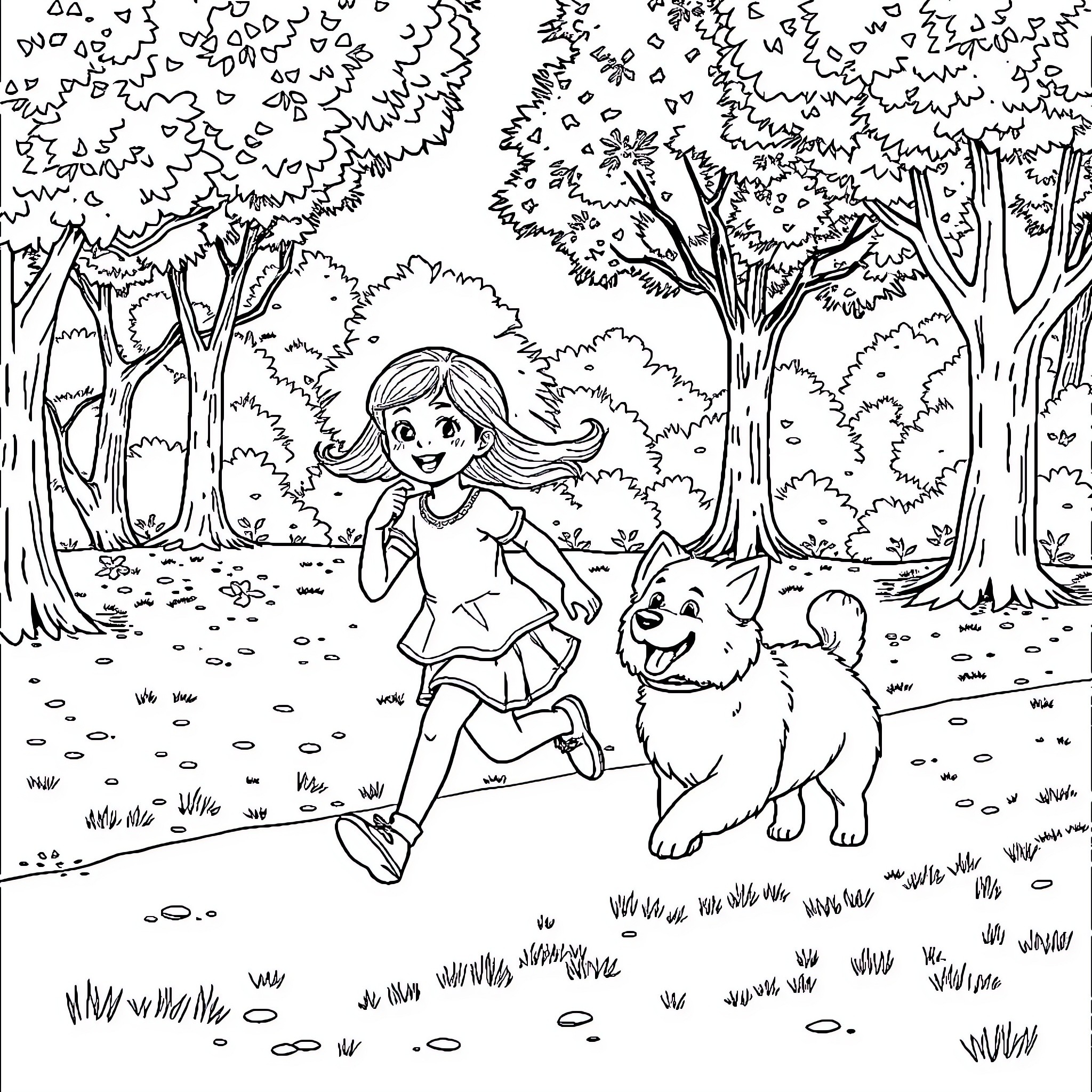 Girl Playing with Puppy in Forest Coloring Page (free black-and-white line drawing printable PDF for all, from beginners to advanced learners, including children, teens, adults, and seniors)