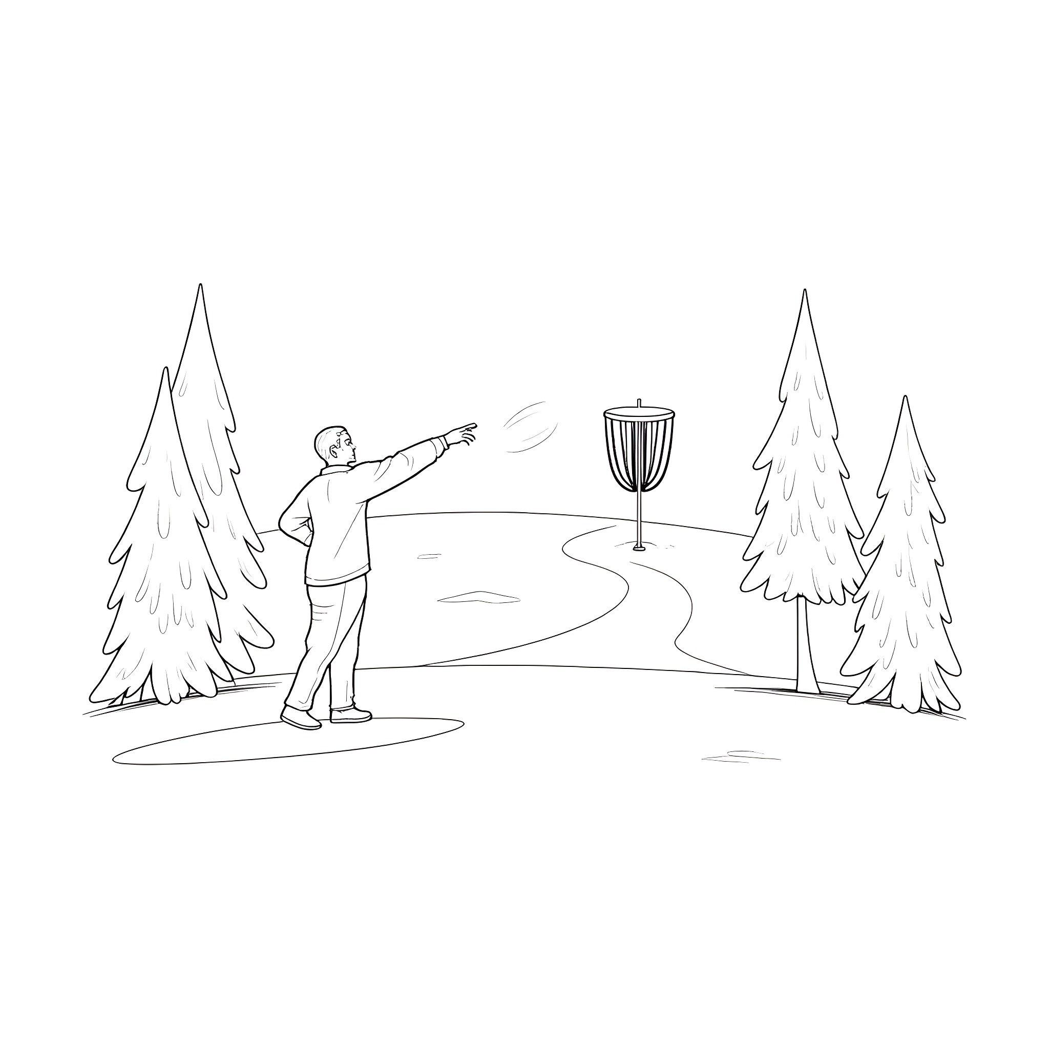 Person playing disc golf in the forest Coloring Page (free black-and-white line drawing printable PDF for all, from beginners to advanced learners, including children, teens, adults, and seniors)
