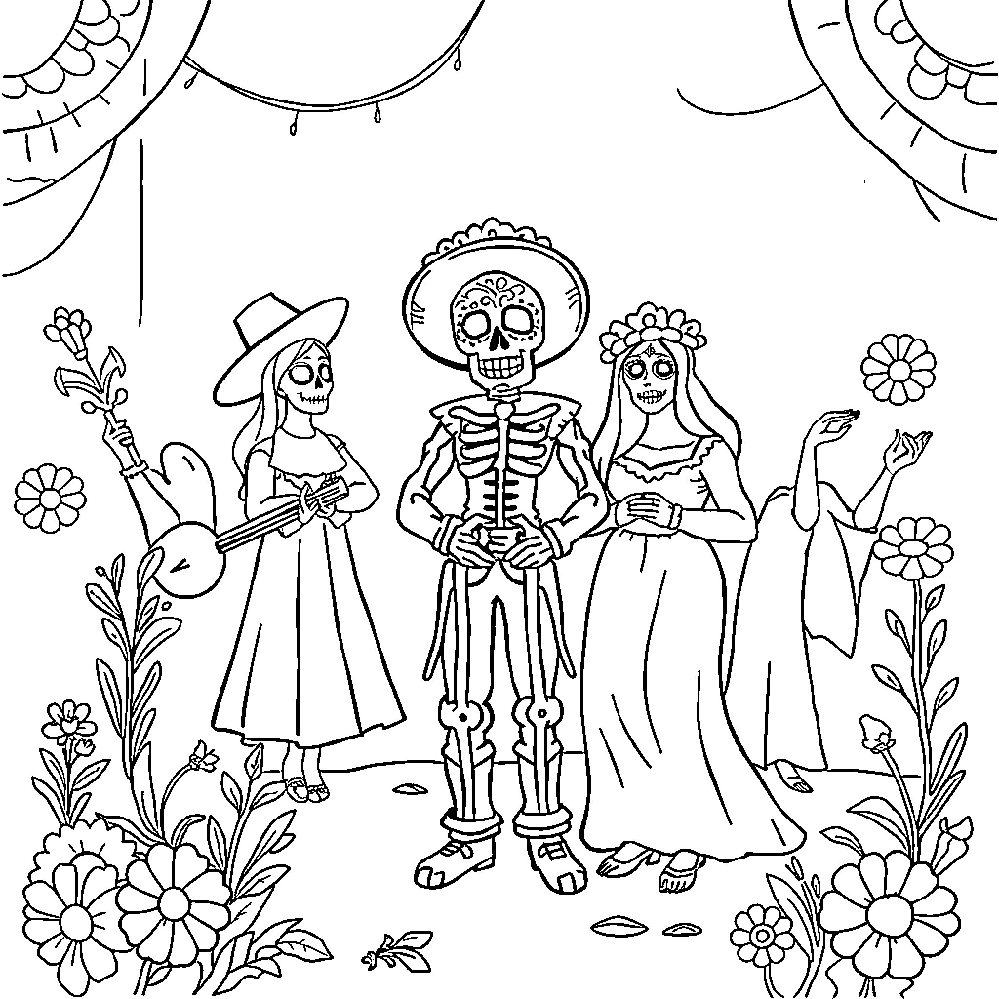 Day of the Dead celebration with dancers and musicians Coloring Page (free black-and-white line drawing printable PDF for all, from beginners to advanced learners, including children, teens, adults, and seniors)