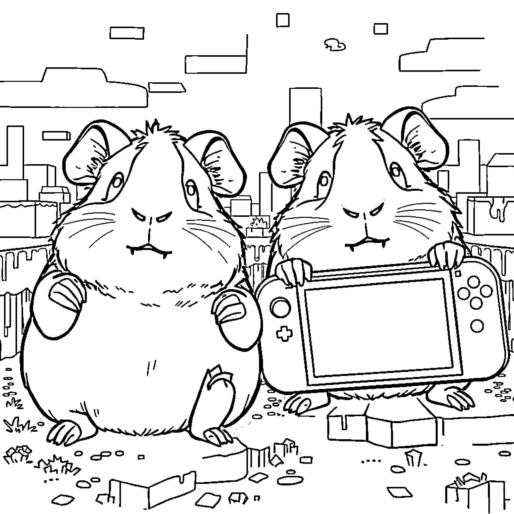 Guinea Pigs playing video games in the city Coloring Page (free black-and-white line drawing printable PDF for all, from beginners to advanced learners, including children, teens, adults, and seniors)