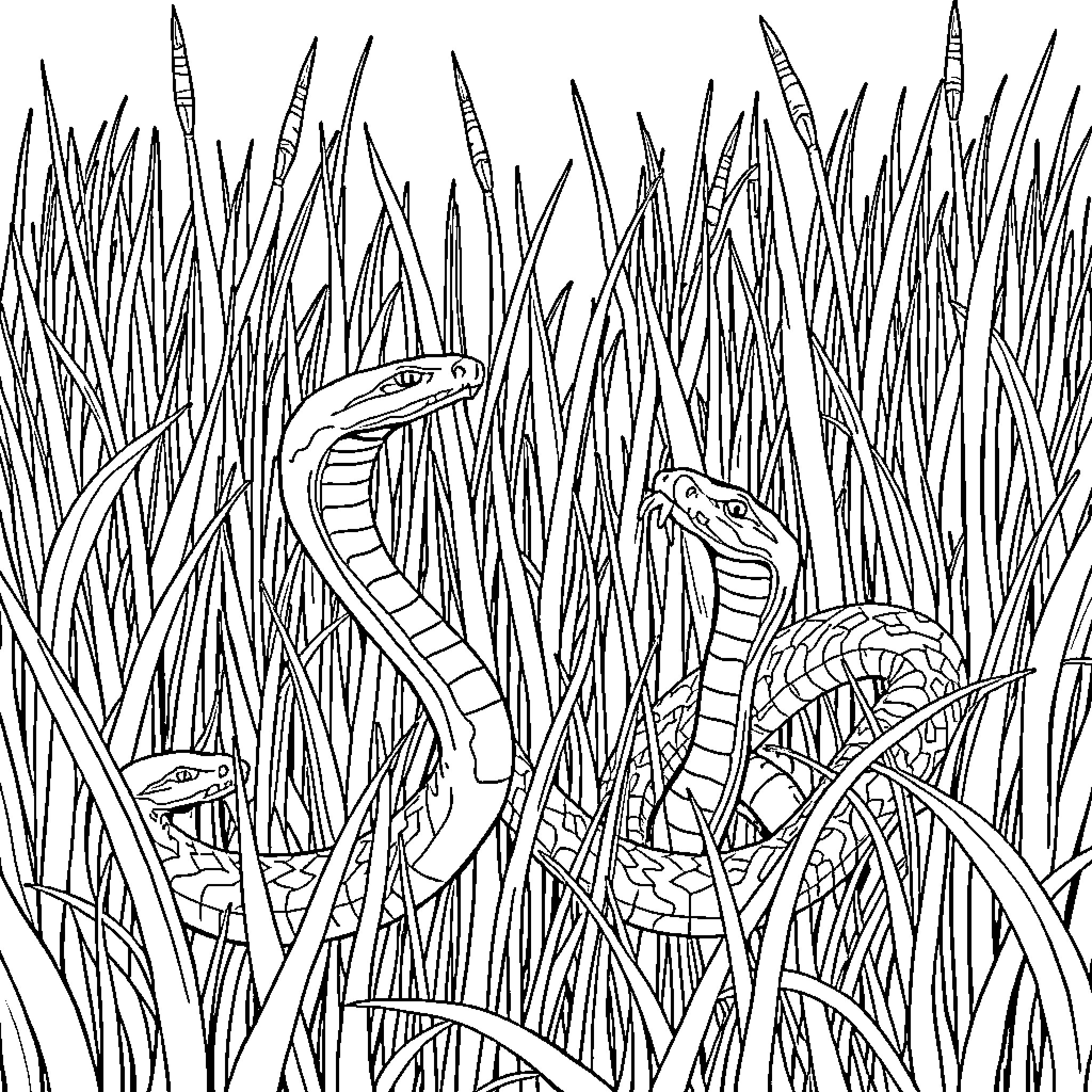 Snake slithering amidst tall grasses Coloring Page (free black-and-white line drawing printable PDF for all, from beginners to advanced learners, including children, teens, adults, and seniors)