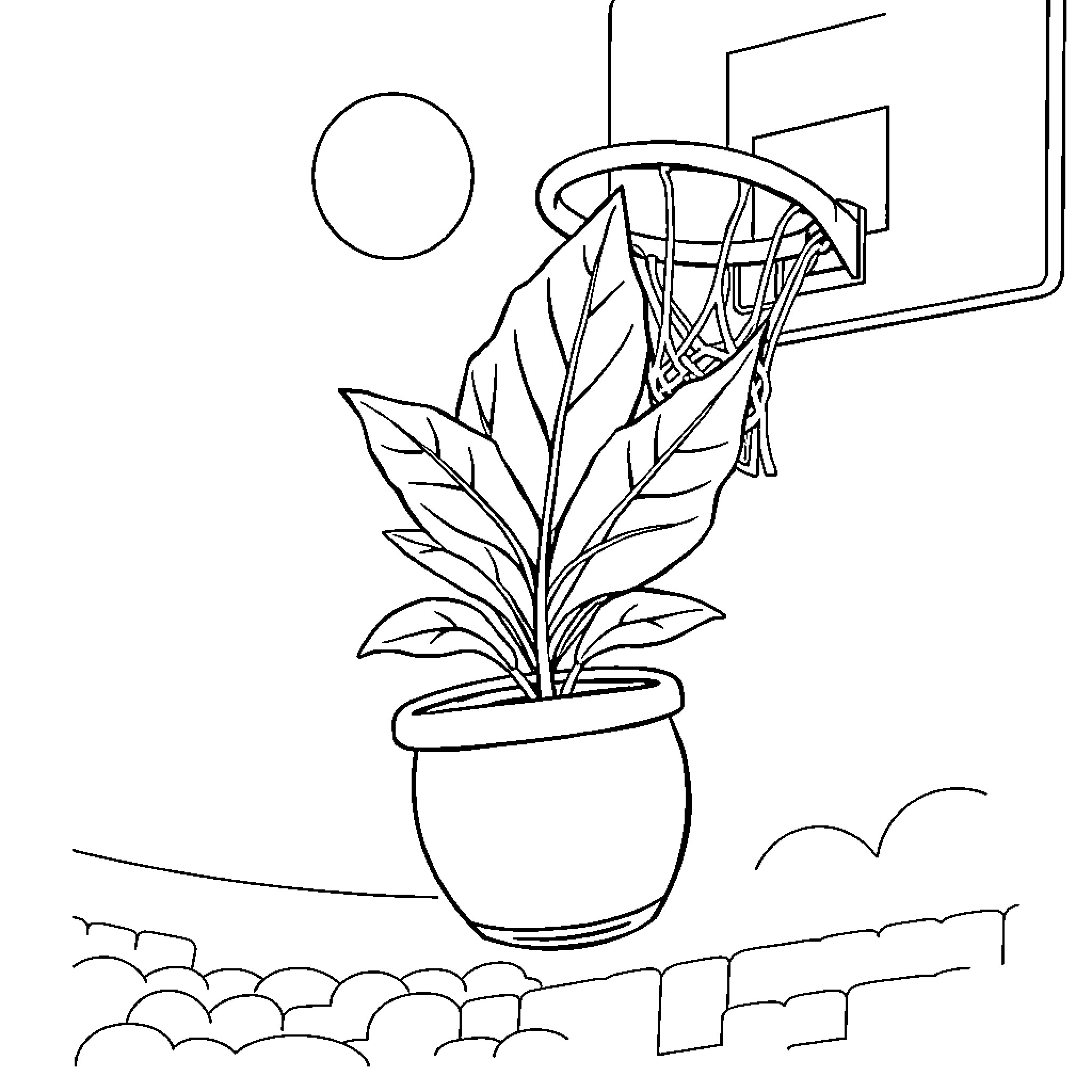 Pot Leaf plant growing in basketball hoop Coloring Page (free black-and-white line drawing printable PDF for all, from beginners to advanced learners, including children, teens, adults, and seniors)