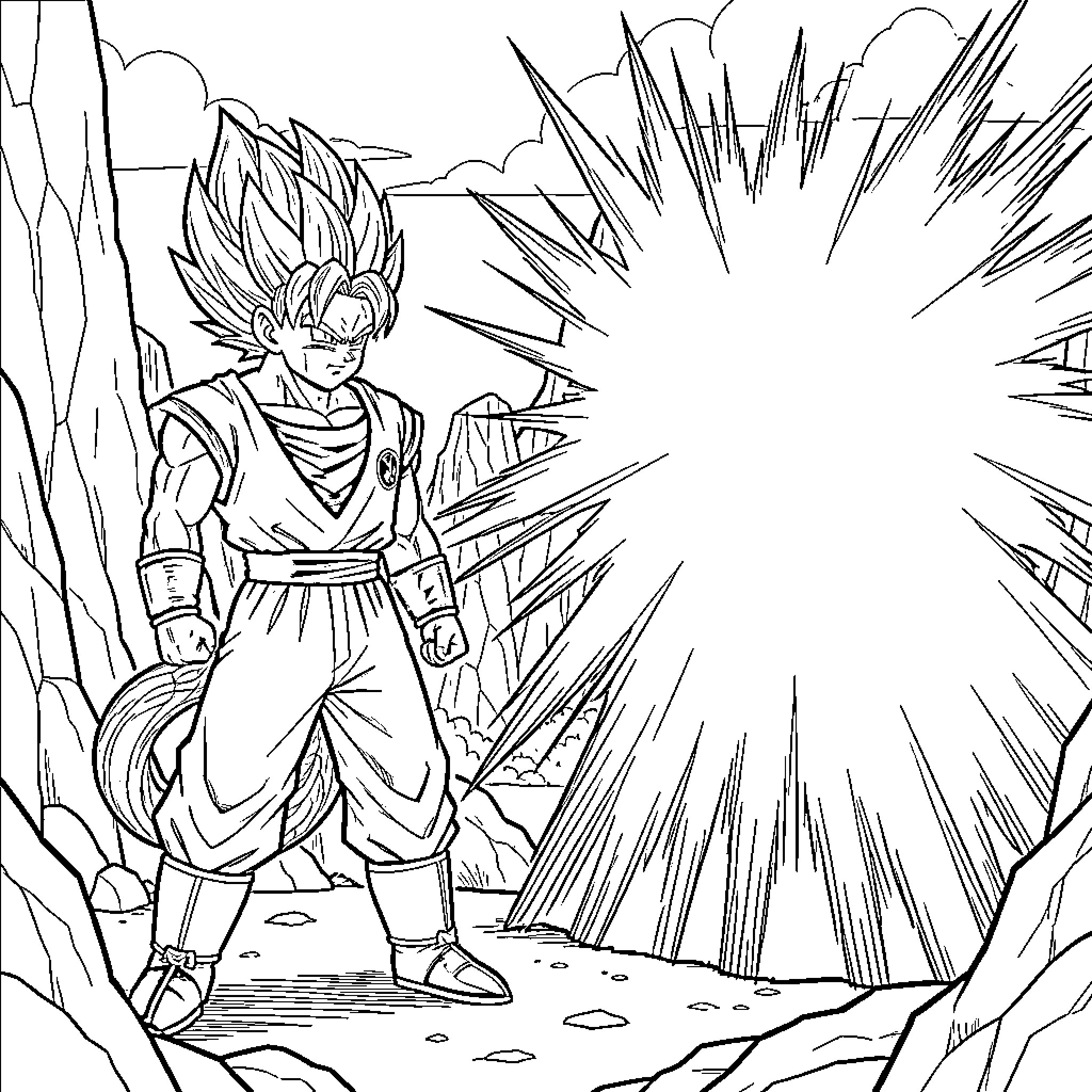 Son Goku's Fierce Warrior Stance Coloring Page (free black-and-white line drawing printable PDF for all, from beginners to advanced learners, including children, teens, adults, and seniors)