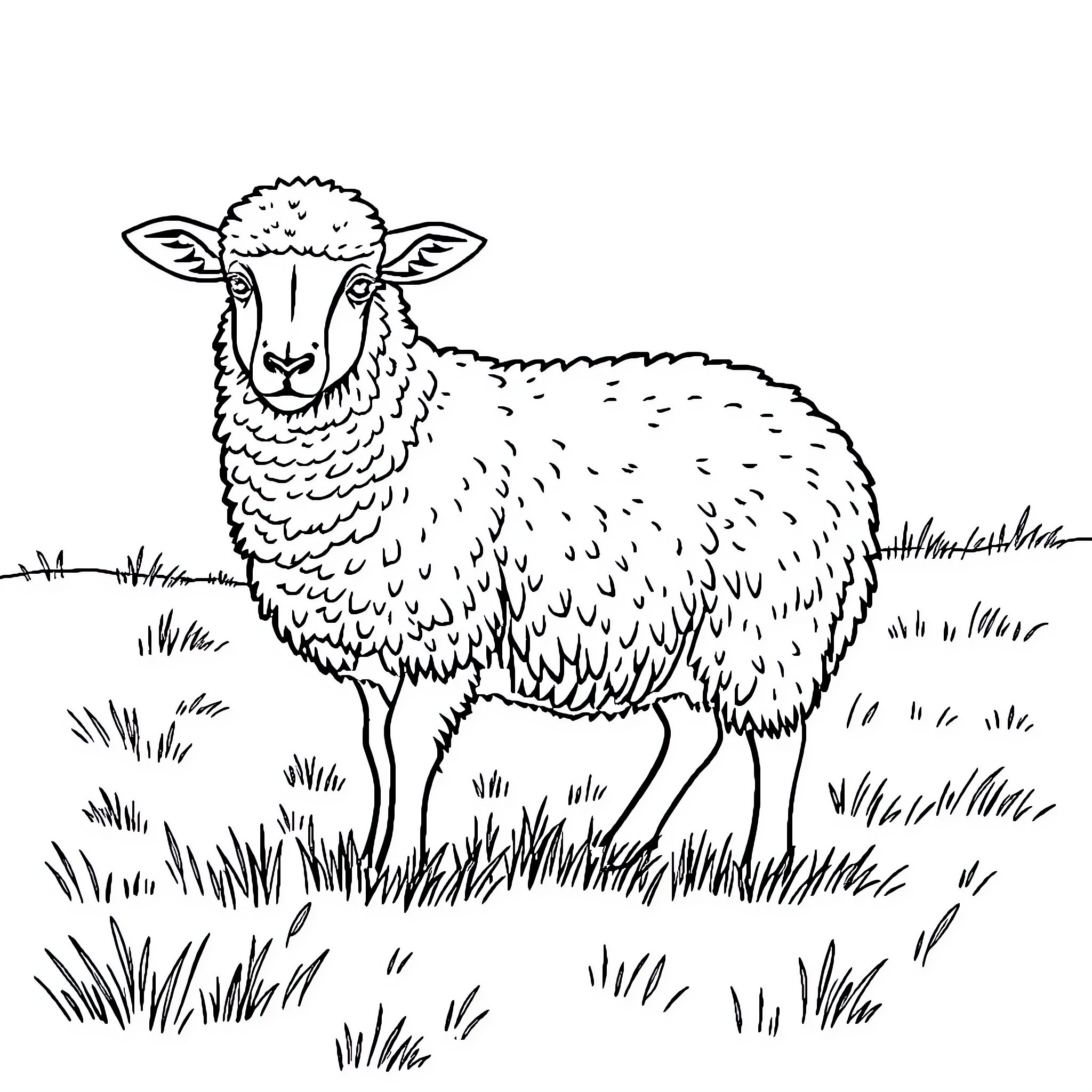 Sheep standing in grassy field Coloring Page (free black-and-white line drawing printable PDF for all, from beginners to advanced learners, including children, teens, adults, and seniors)