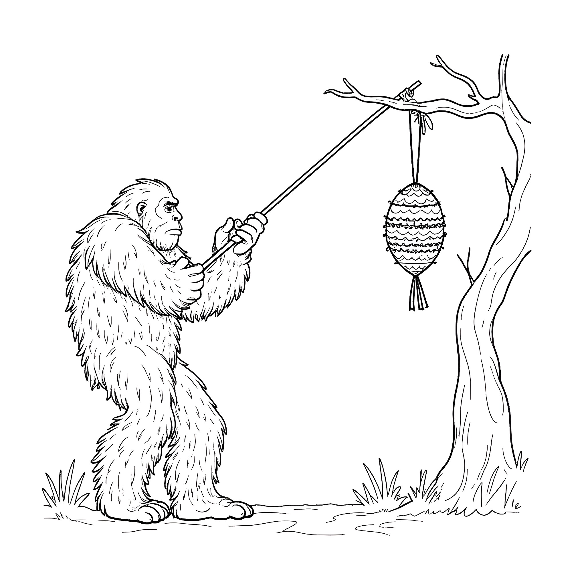 Bigfoot inspecting a decorative egg hanging from a tree branch Coloring Page (free black-and-white line drawing printable PDF for all, from beginners to advanced learners, including children, teens, adults, and seniors)