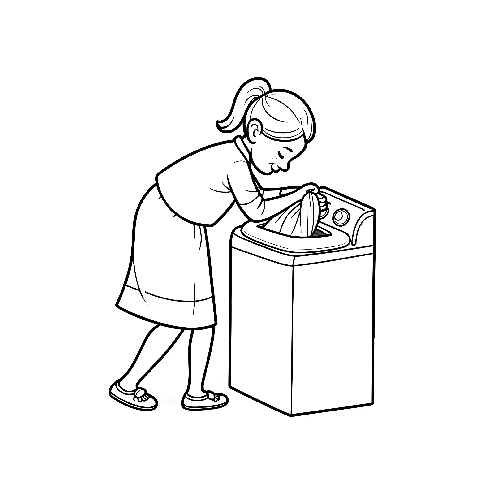 Grandma Doing Laundry with Care Coloring Page (free black-and-white line drawing printable PDF for all, from beginners to advanced learners, including children, teens, adults, and seniors)