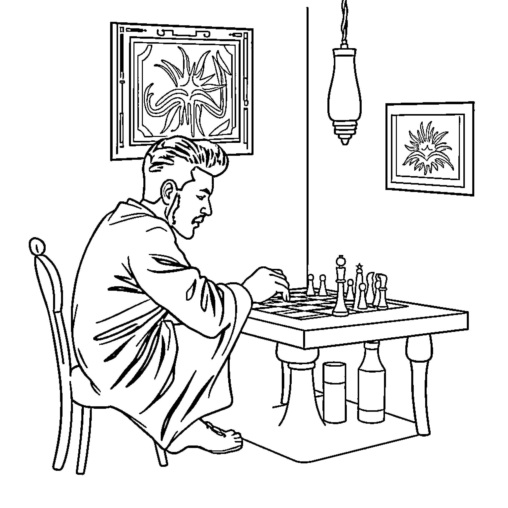 Lamine Yamal playing chess in a contemplative pose Coloring Page (free black-and-white line drawing printable PDF for all, from beginners to advanced learners, including children, teens, adults, and seniors)