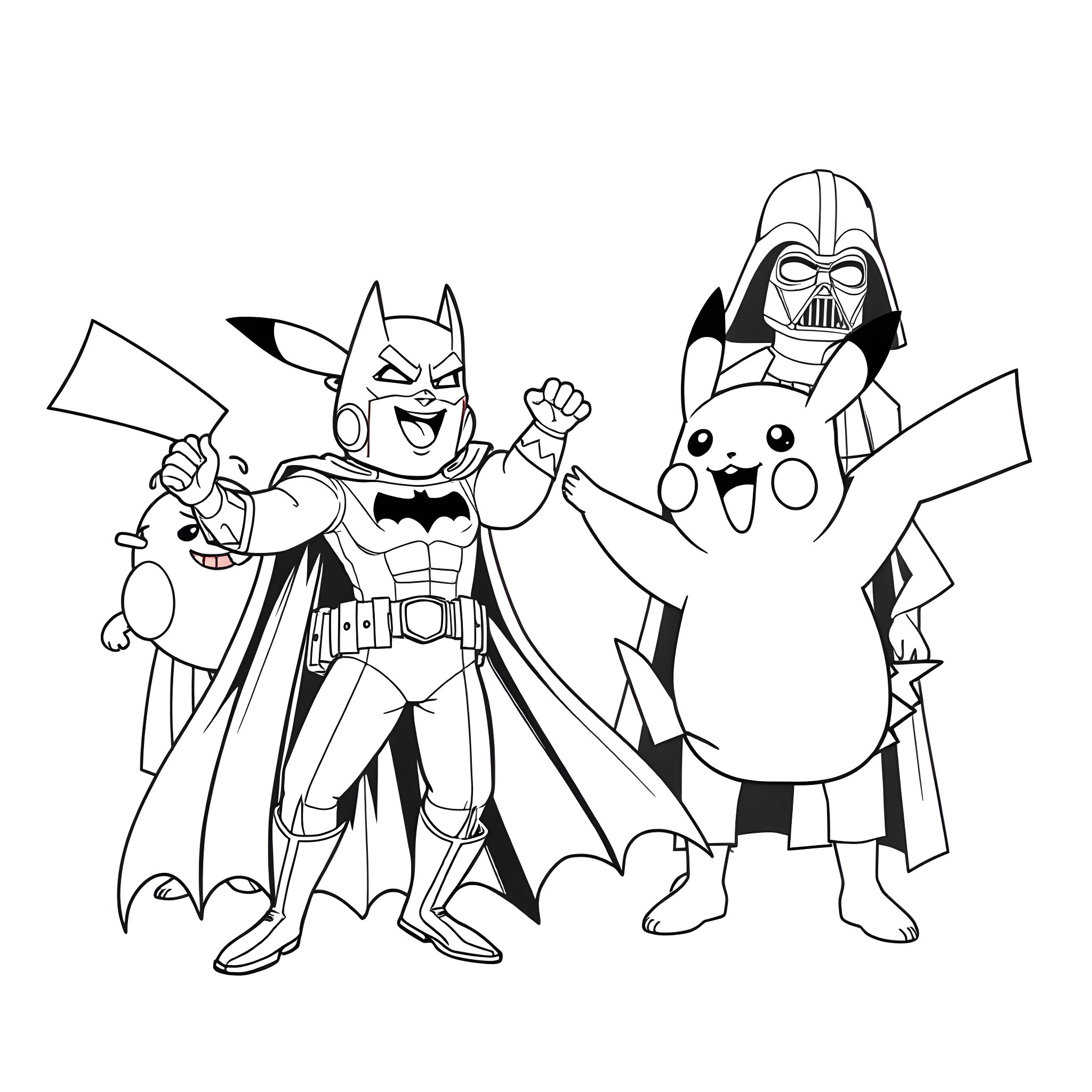 Pikachu and Darth Vader engage in a playful encounter Coloring Page (free black-and-white line drawing printable PDF for all, from beginners to advanced learners, including children, teens, adults, and seniors)