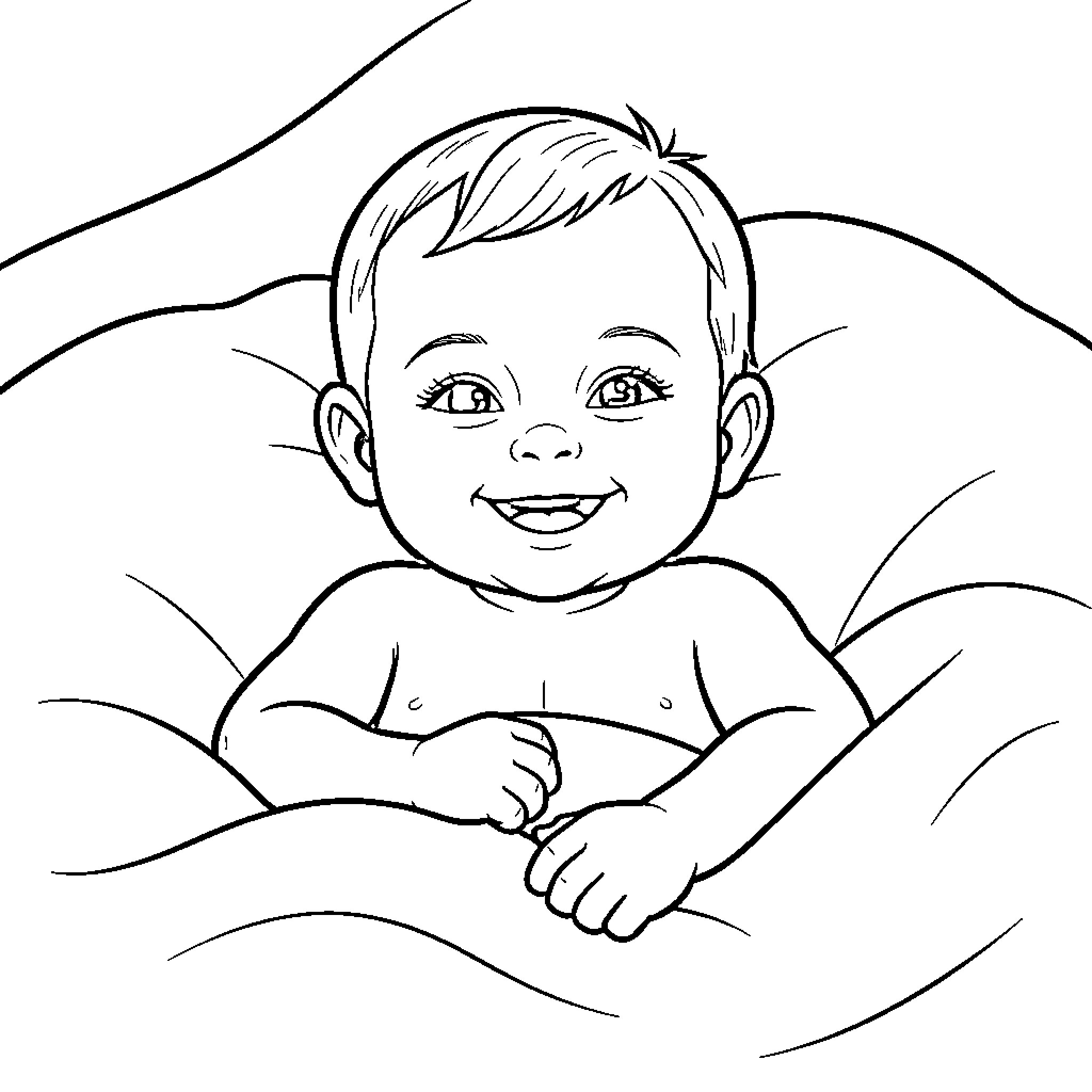 Baby smiling while lying on a soft blanket Coloring Page (free black-and-white line drawing printable PDF for all, from beginners to advanced learners, including children, teens, adults, and seniors)