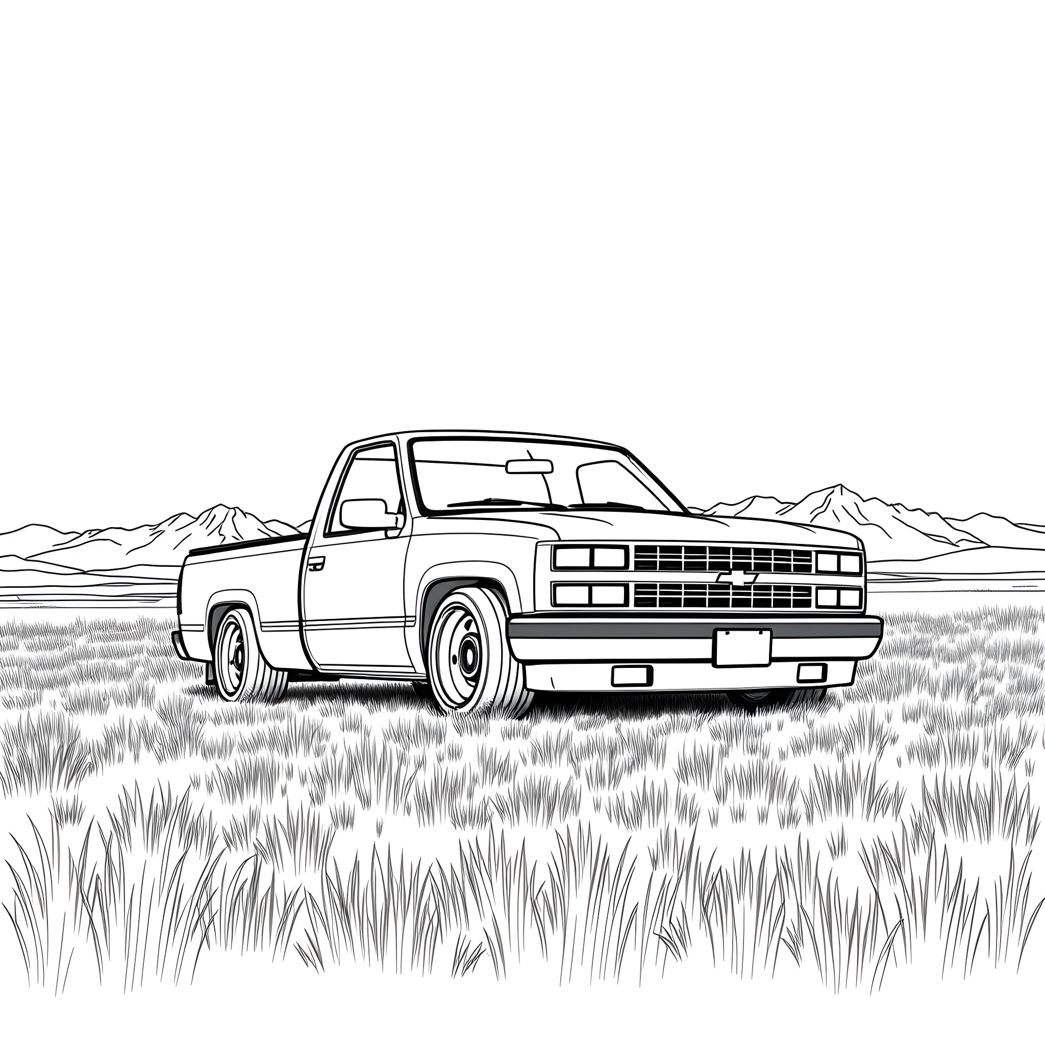 Chevy Silverado Truck in Rugged Outdoor Landscape Coloring Page (free black-and-white line drawing printable PDF for all, from beginners to advanced learners, including children, teens, adults, and seniors)