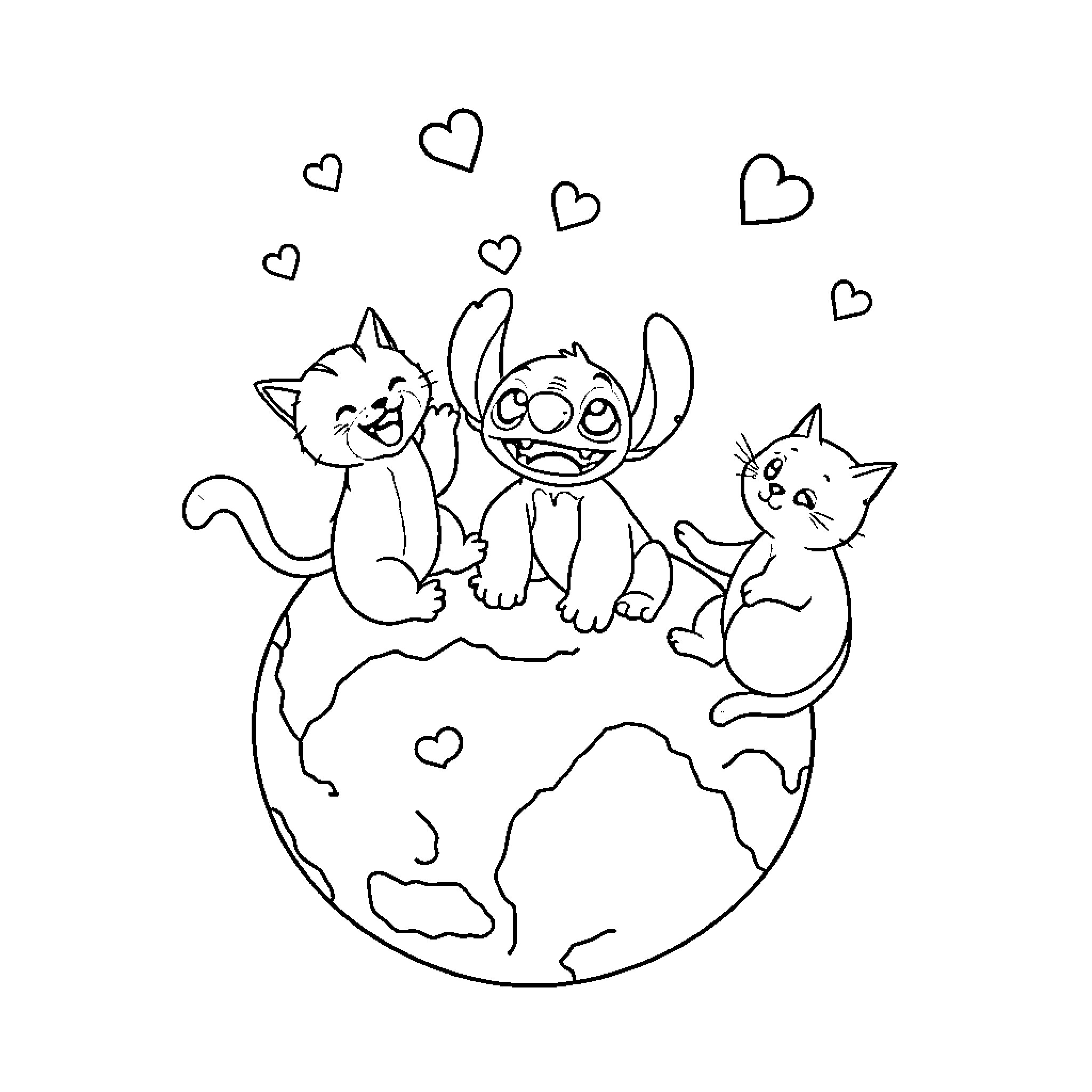 Cats and Stitch playing joyfully on the globe Coloring Page (free black-and-white line drawing printable PDF for all, from beginners to advanced learners, including children, teens, adults, and seniors)
