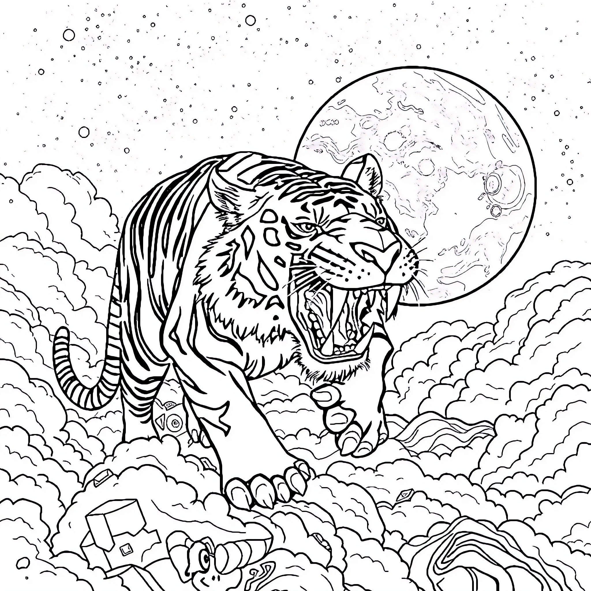 Sabre Tooth Tiger stalking under the moonlight Coloring Page (free black-and-white line drawing printable PDF for all, from beginners to advanced learners, including children, teens, adults, and seniors)