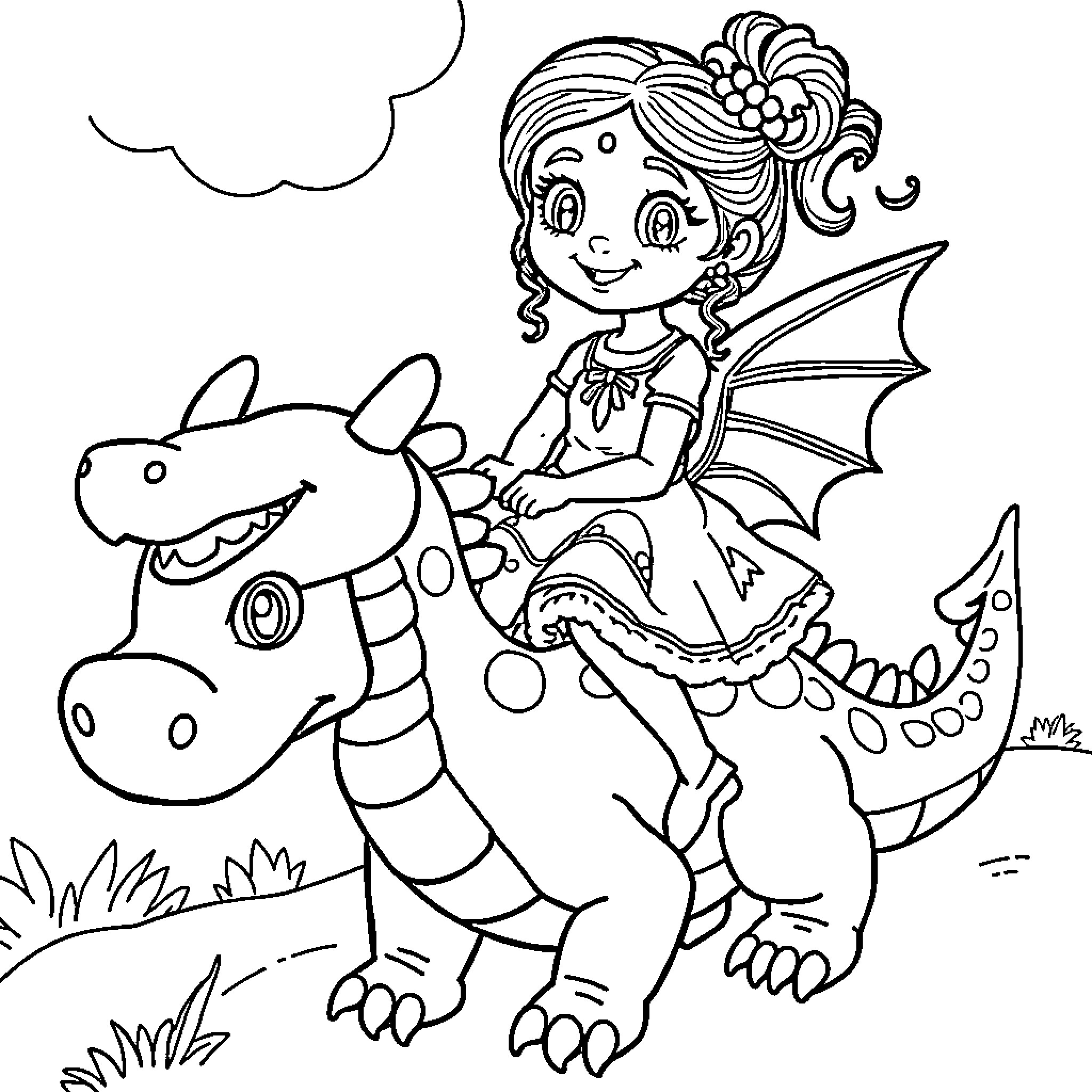 Dragon Rider Girl Plays with Friendly Beast Coloring Page (free black-and-white line drawing printable PDF for all, from beginners to advanced learners, including children, teens, adults, and seniors)