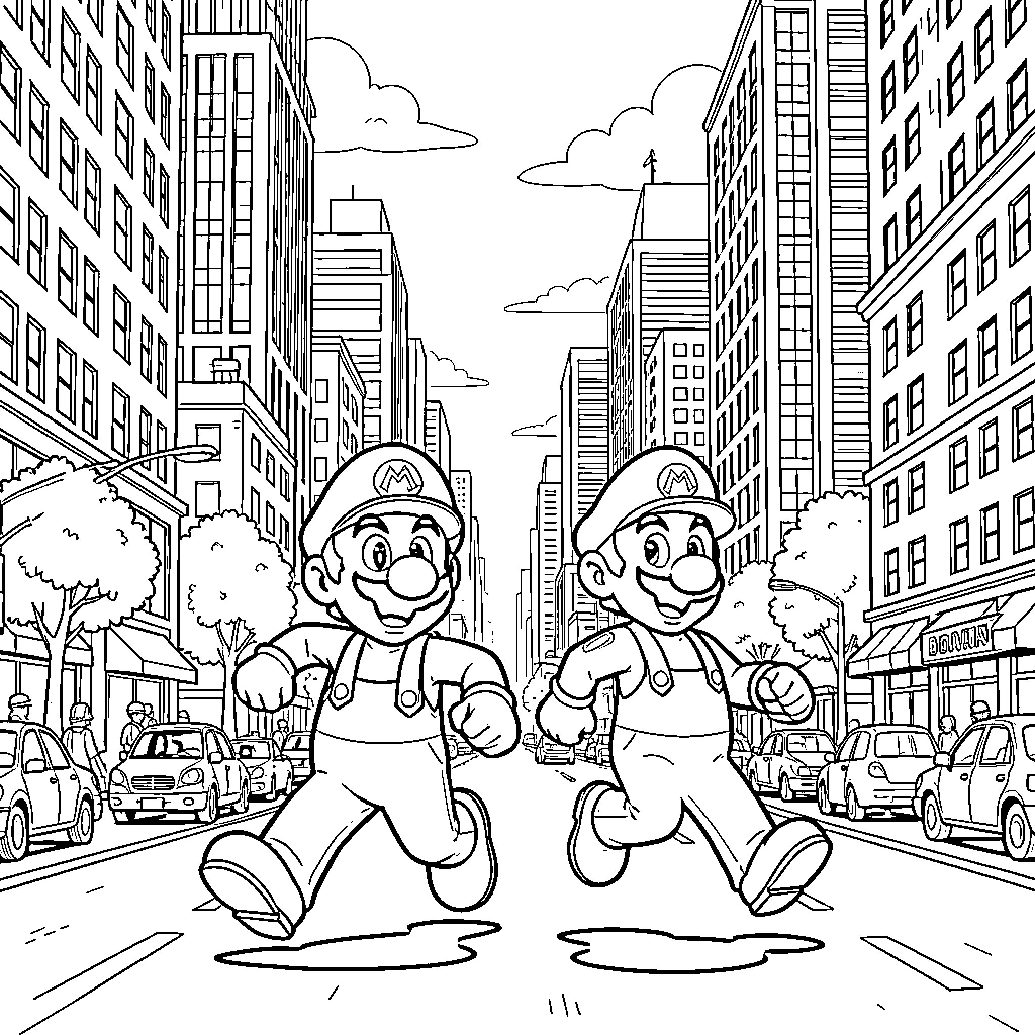 Mario Bros Running Through the City Streets Coloring Page (free black-and-white line drawing printable PDF for all, from beginners to advanced learners, including children, teens, adults, and seniors)