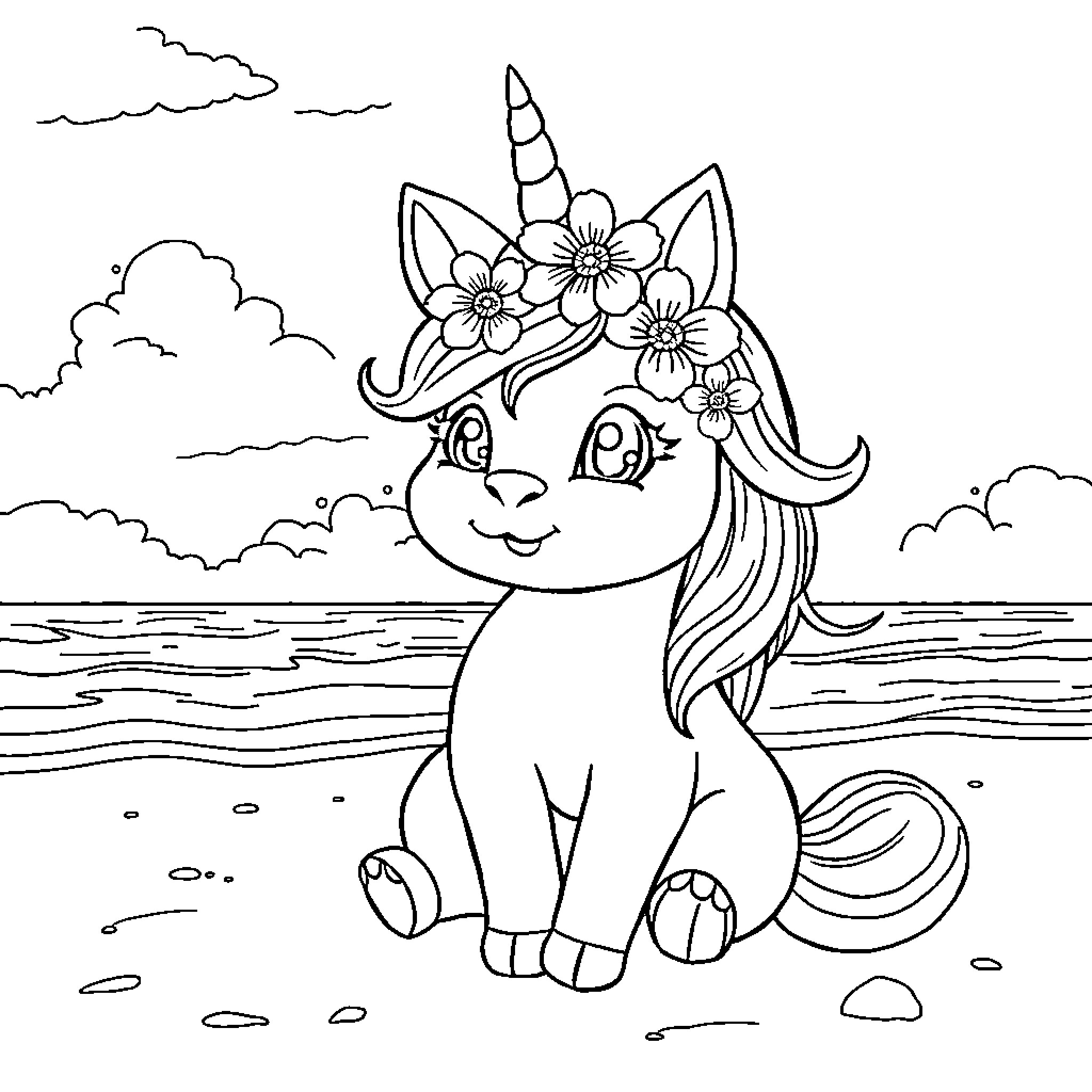 Unicorn Cat sitting by the ocean Coloring Page (free black-and-white line drawing printable PDF for all, from beginners to advanced learners, including children, teens, adults, and seniors)