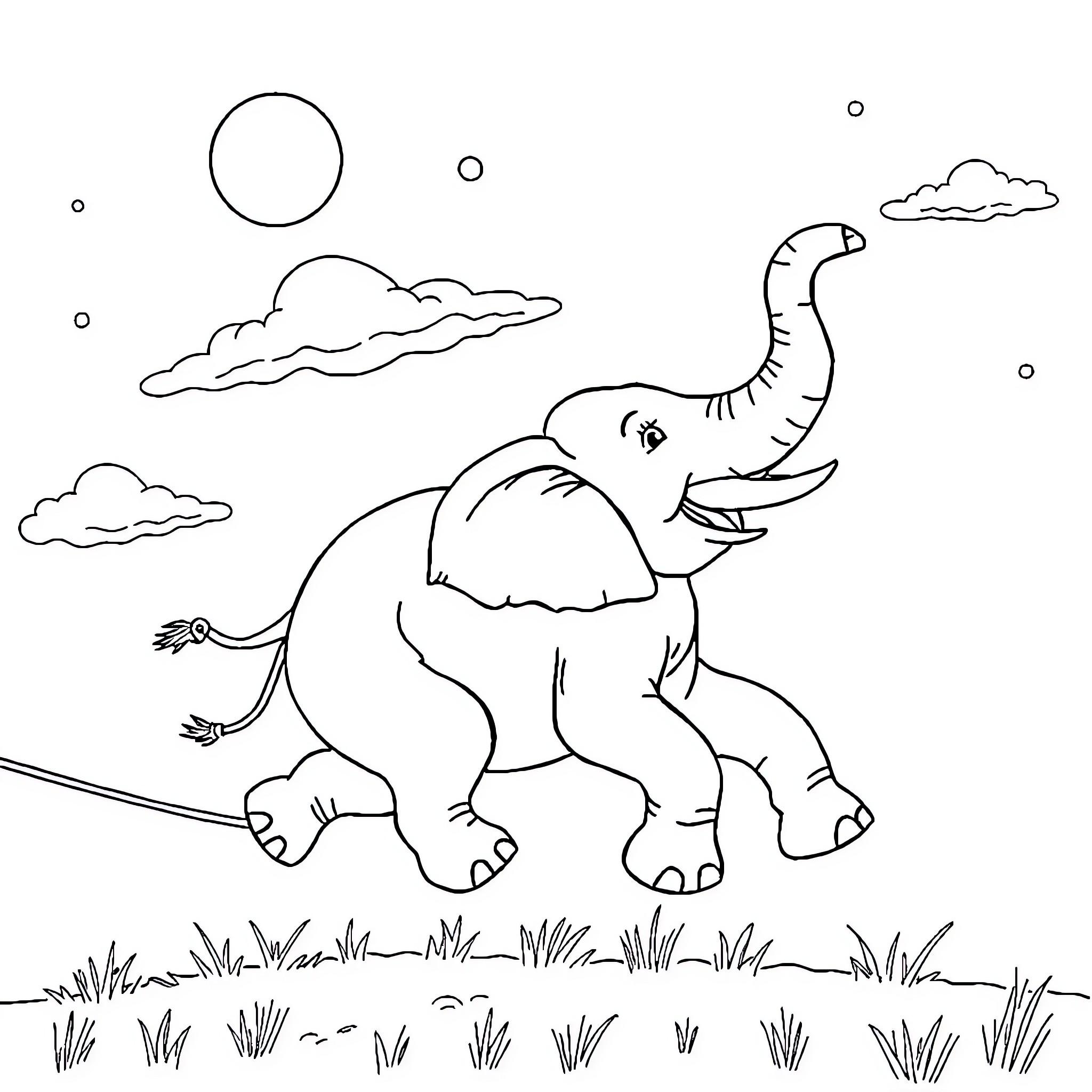 Elephant enjoying the outdoors in a natural scene Coloring Page (free black-and-white line drawing printable PDF for all, from beginners to advanced learners, including children, teens, adults, and seniors)