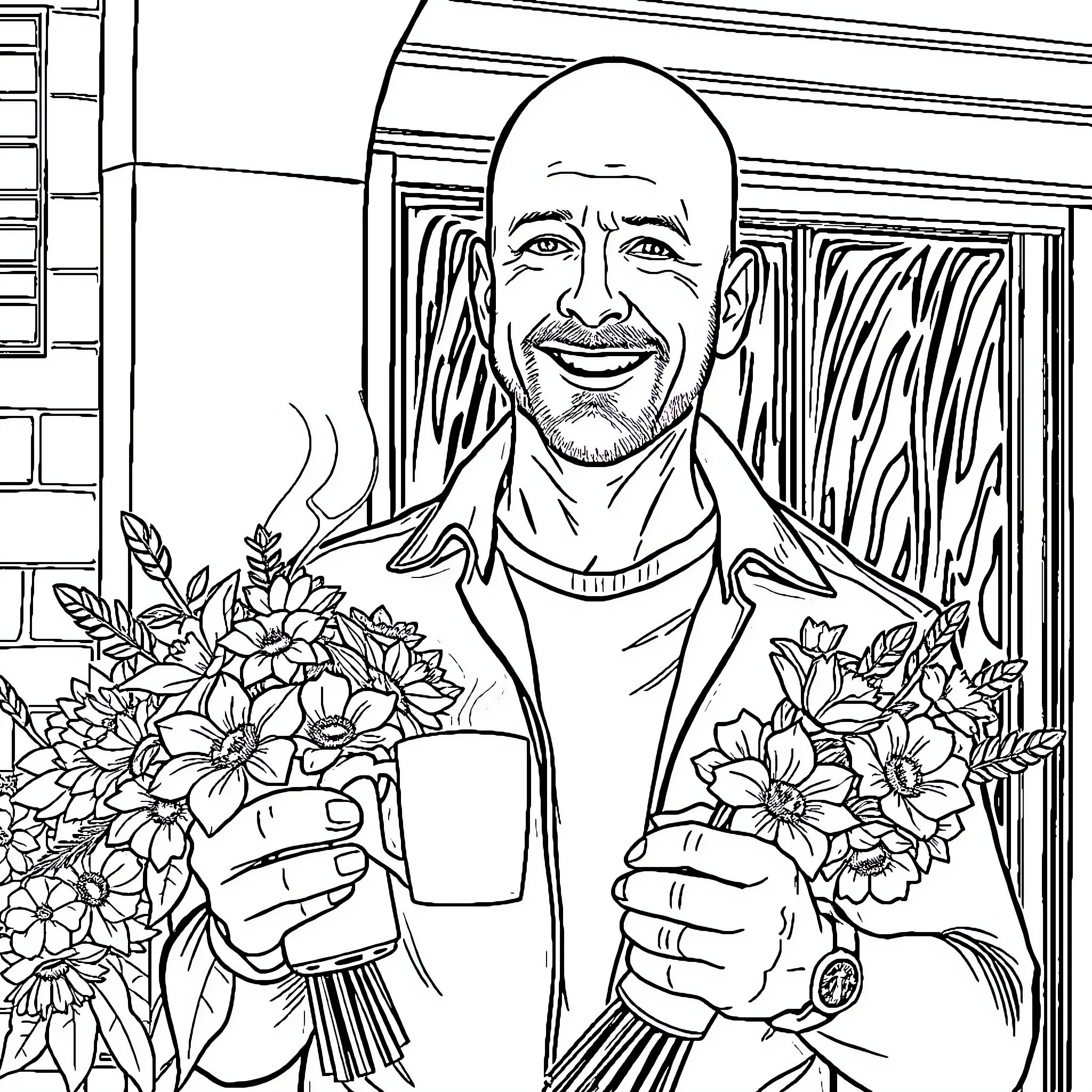 Bruce Willis holding flowers and coffee with a smile Coloring Page (free black-and-white line drawing printable PDF for all, from beginners to advanced learners, including children, teens, adults, and seniors)