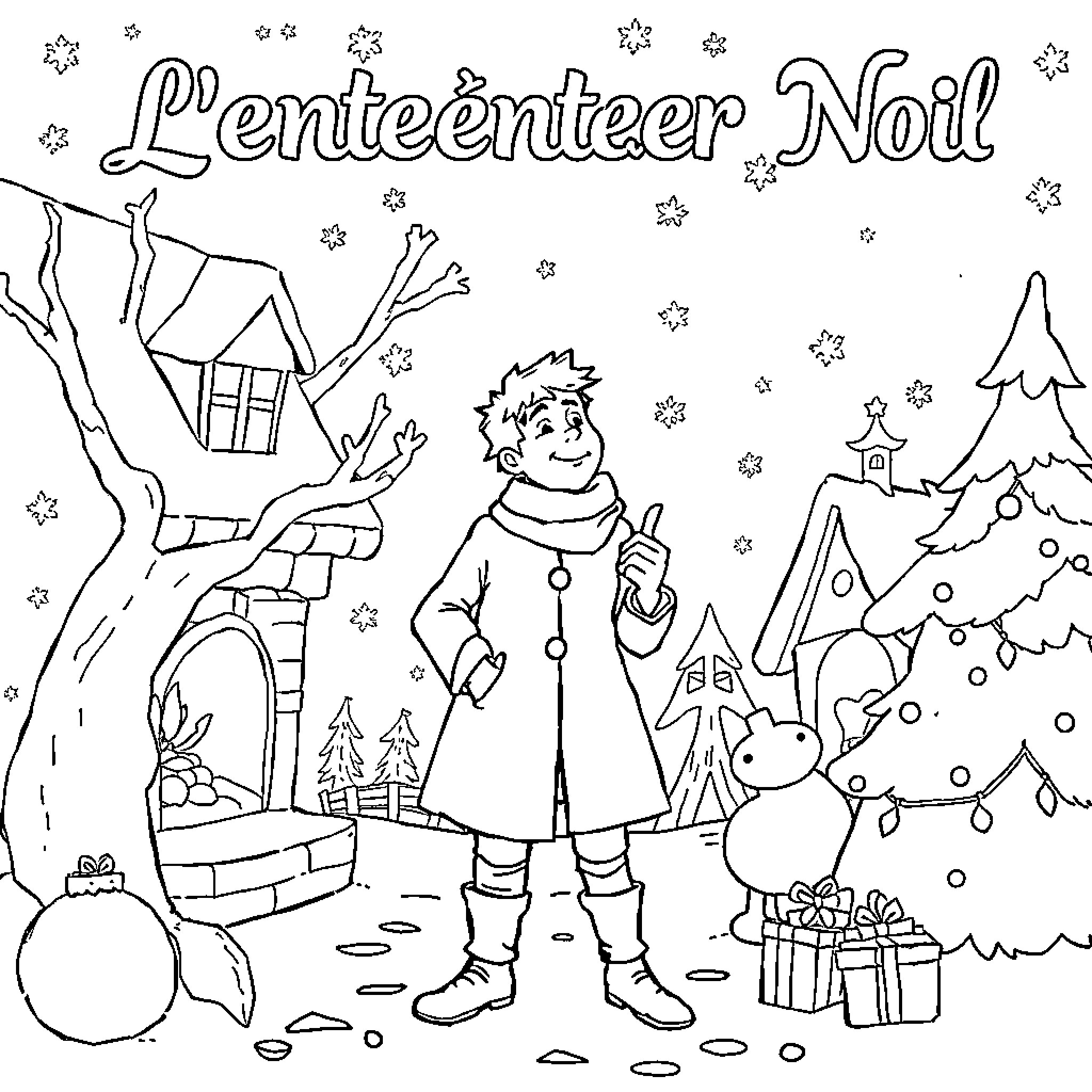Jack's Wintry Adventure with Snowman and Presents Coloring Page (free black-and-white line drawing printable PDF for all, from beginners to advanced learners, including children, teens, adults, and seniors)